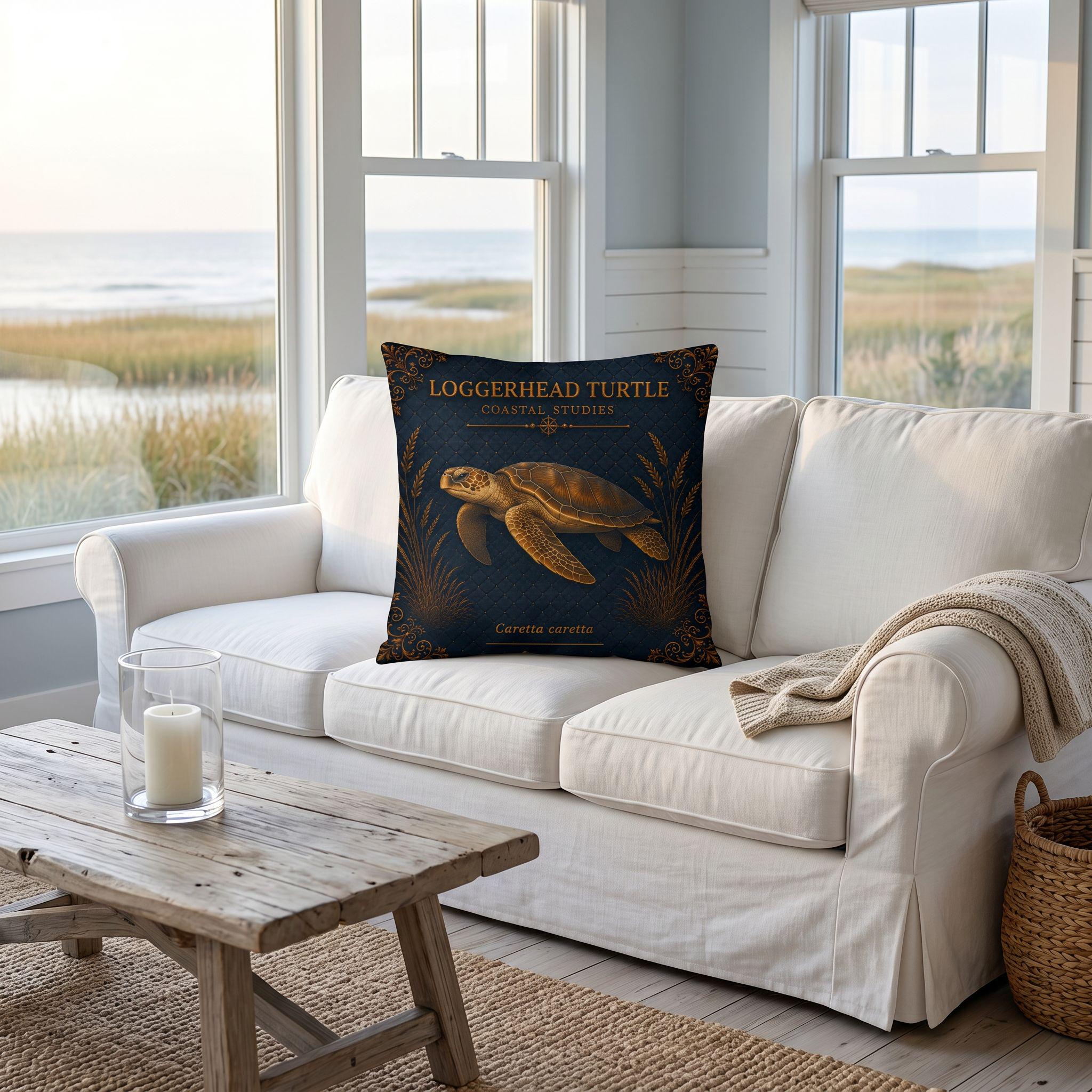 Loggerhead Turtle Coastal Pillow, Nautical Throw Pillow, Navy Coastal Cushion, Beach House & Lake House Decor, Coastal Grandma Style