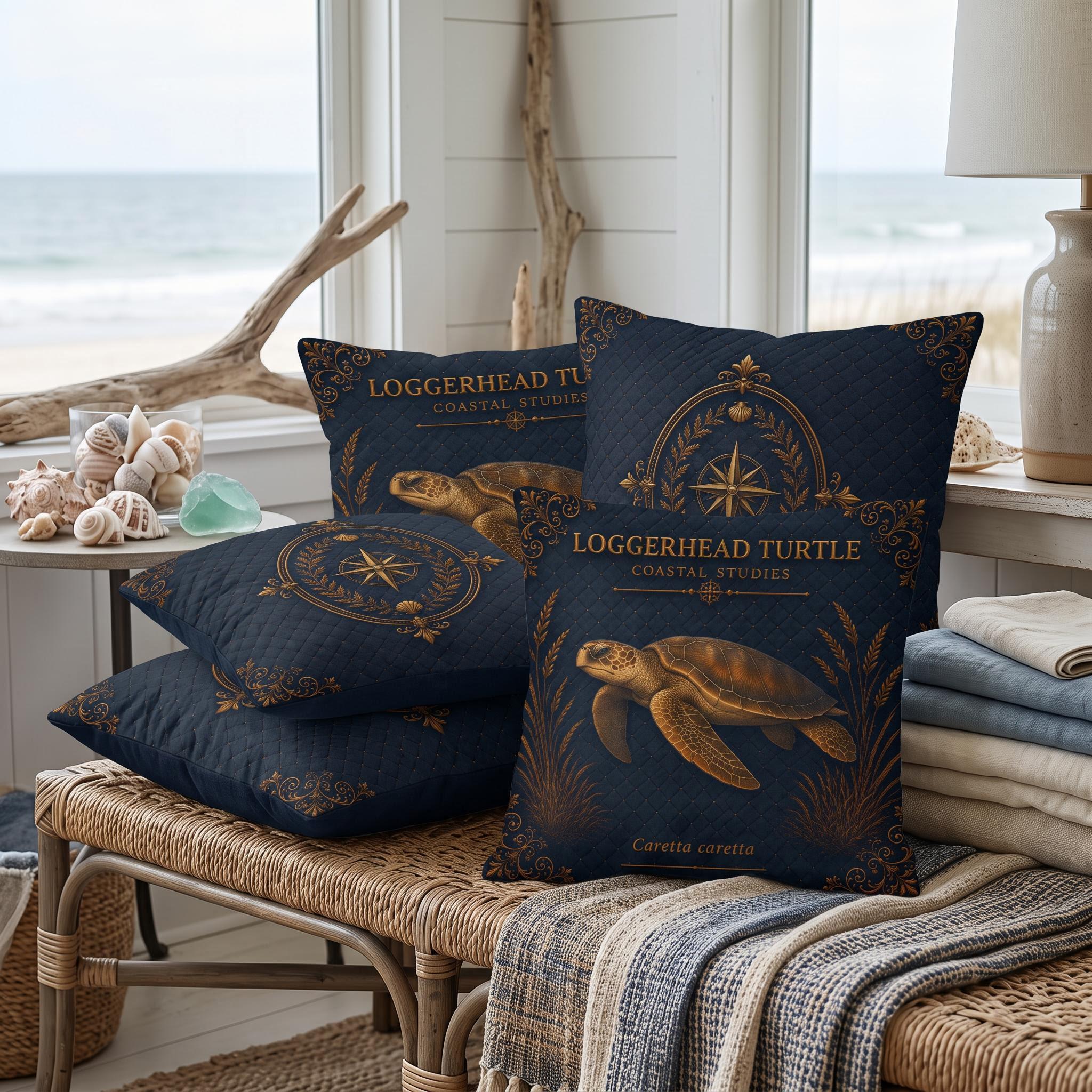 Loggerhead Turtle Coastal Pillow, Nautical Throw Pillow, Navy Coastal Cushion, Beach House & Lake House Decor, Coastal Grandma Style
