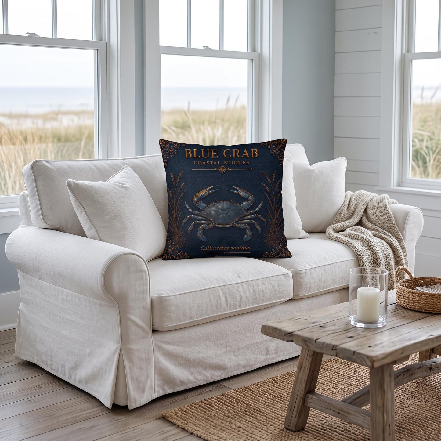 Blue Crab Coastal Pillow, Nautical Throw Pillow, Navy Coastal Cushion, Beach House & Lake House Decor, Coastal Grandma Style