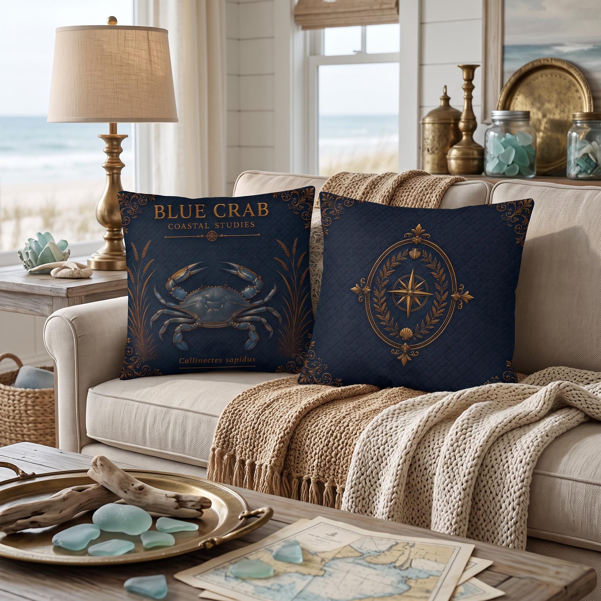 Blue Crab Coastal Pillow, Nautical Throw Pillow, Navy Coastal Cushion, Beach House & Lake House Decor, Coastal Grandma Style