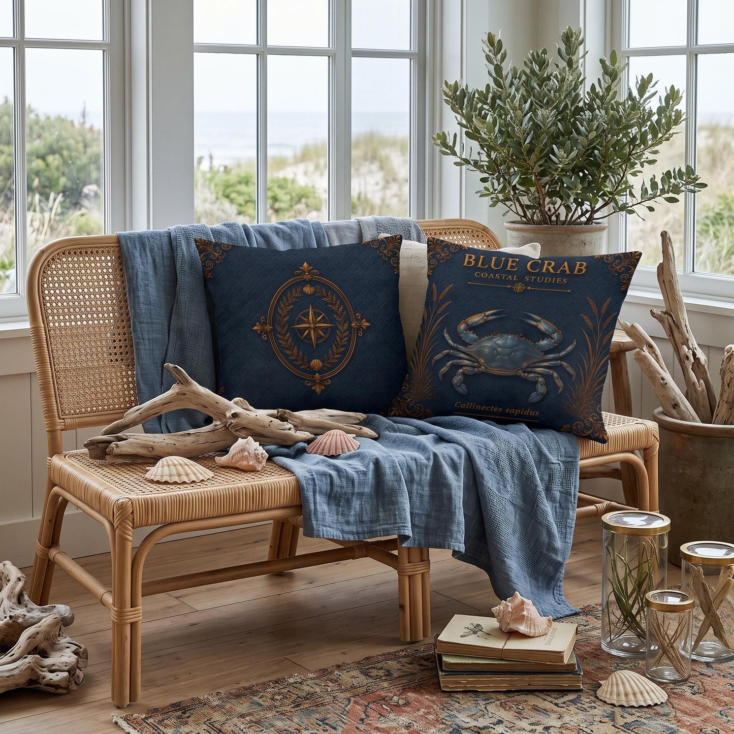 Blue Crab Coastal Pillow, Nautical Throw Pillow, Navy Coastal Cushion, Beach House & Lake House Decor, Coastal Grandma Style