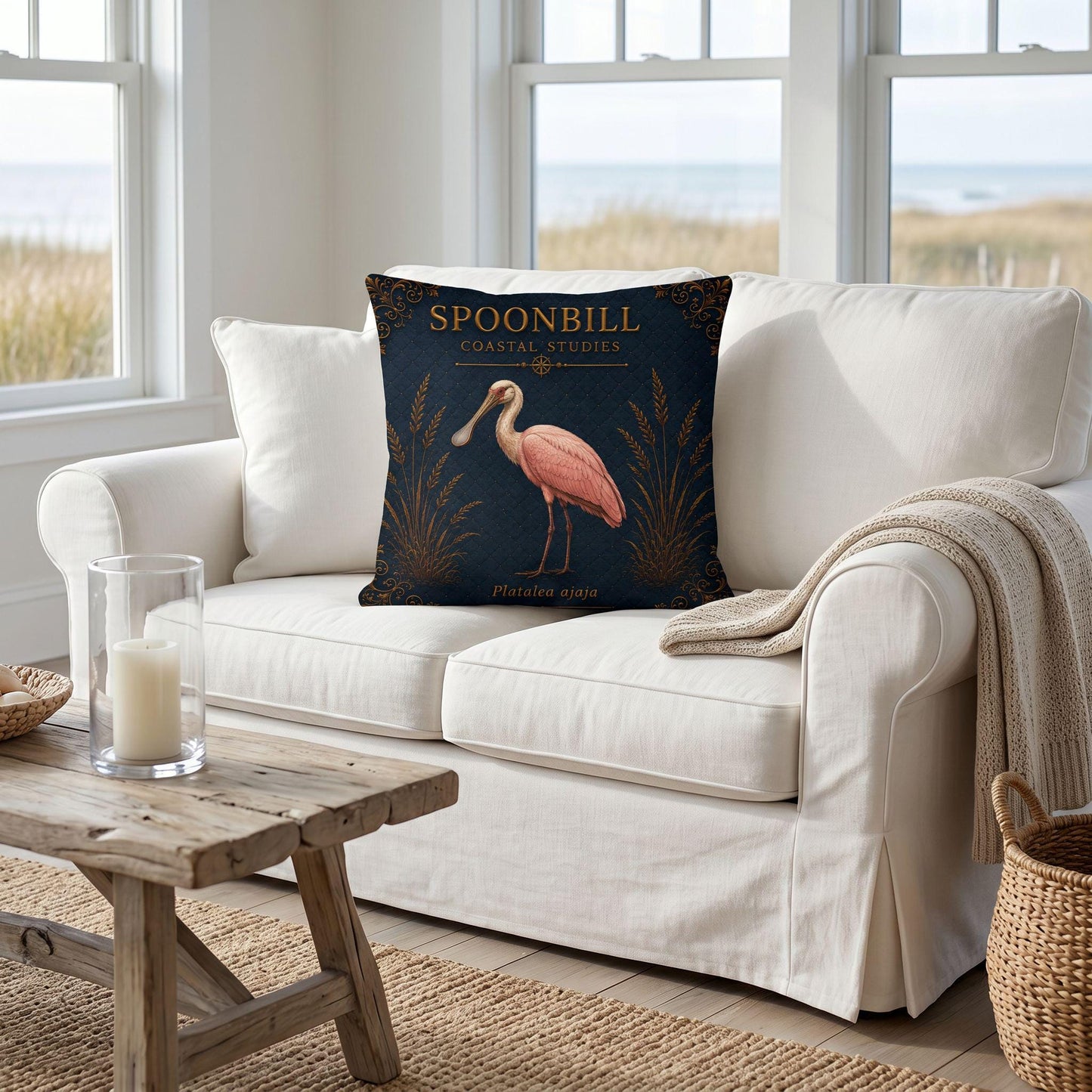 Roseate Spoonbill Coastal Pillow, Nautical Throw Pillow, Navy Coastal Cushion, Beach House & Lake House Decor, Coastal Grandma Style