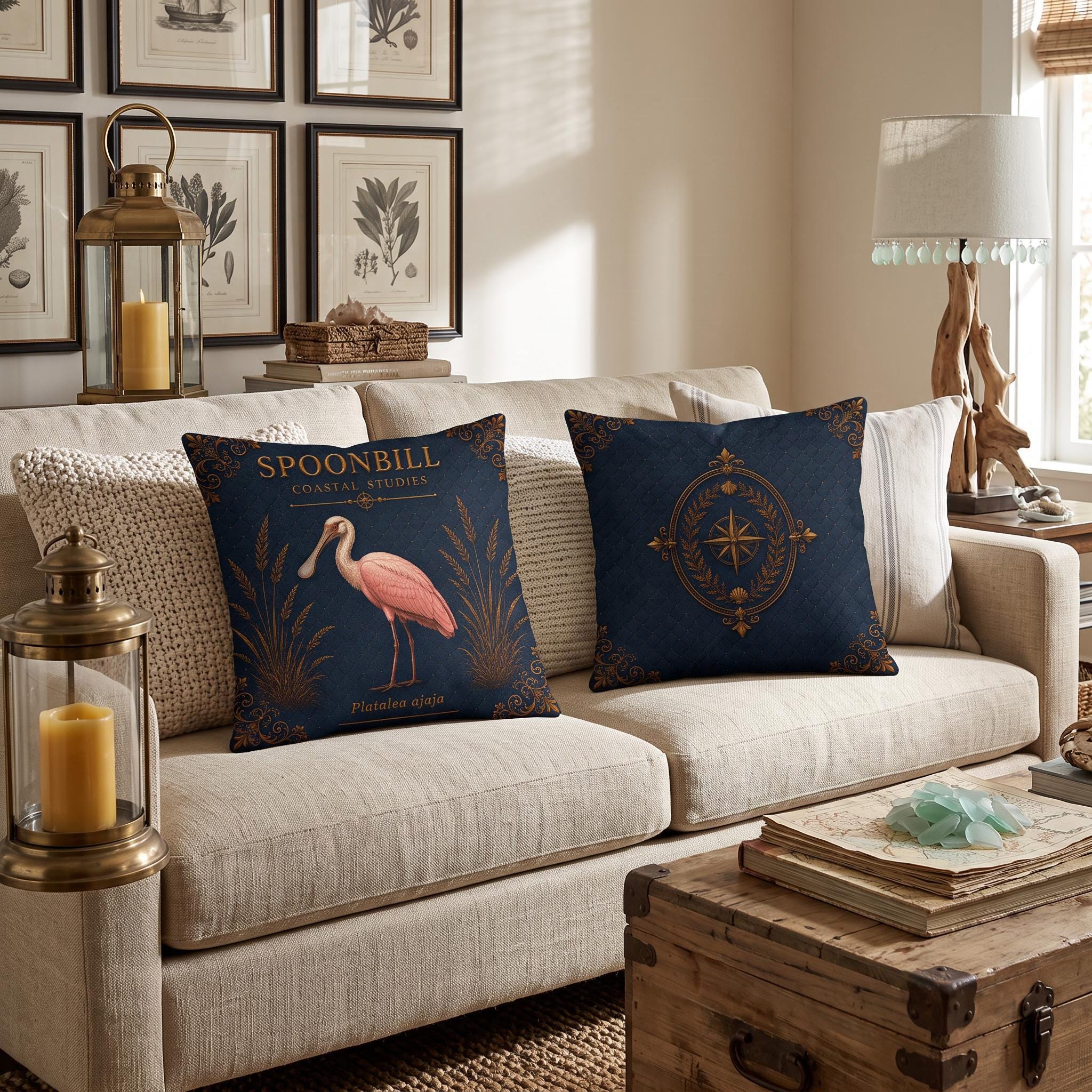 Roseate Spoonbill Coastal Pillow, Nautical Throw Pillow, Navy Coastal Cushion, Beach House & Lake House Decor, Coastal Grandma Style
