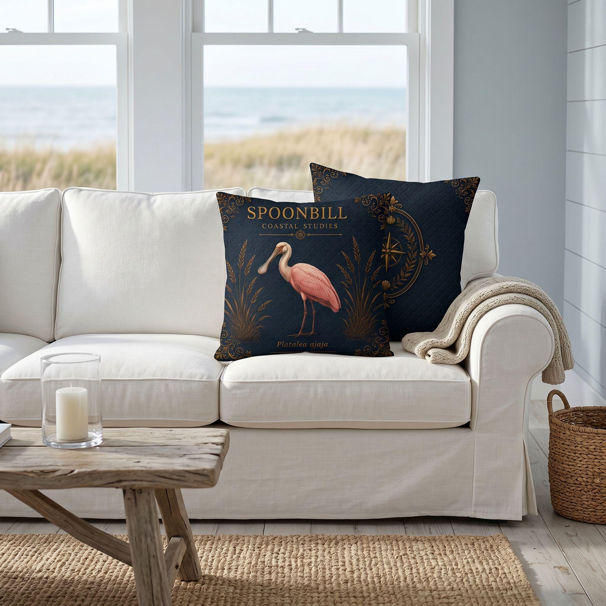 Roseate Spoonbill Coastal Pillow, Nautical Throw Pillow, Navy Coastal Cushion, Beach House & Lake House Decor, Coastal Grandma Style