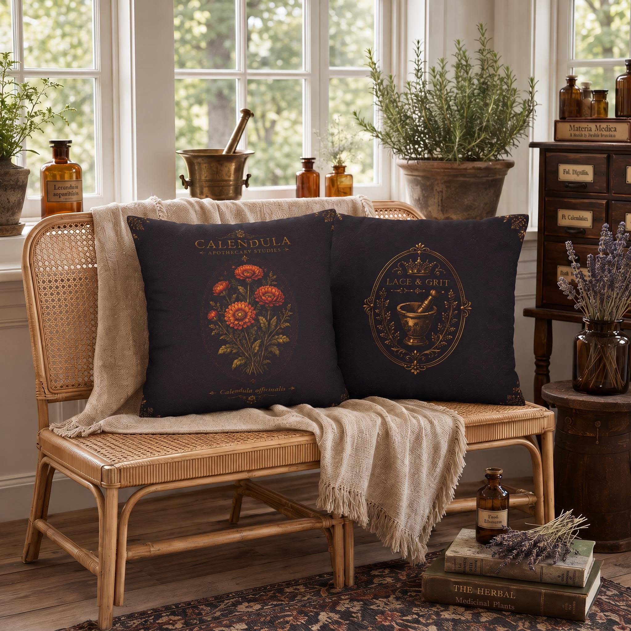 Calendula Apothecary Pillow, Botanical Throw Pillow, Cottagecore Cushion, Dark Academia Decor, Herbal Home Accent