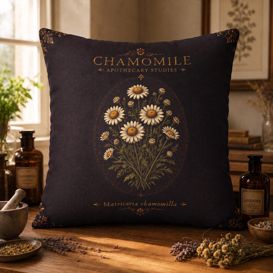 Chamomile Apothecary Pillow, Botanical Throw Pillow, Cottagecore Cushion, Dark Academia Decor, Herbal Home Accent