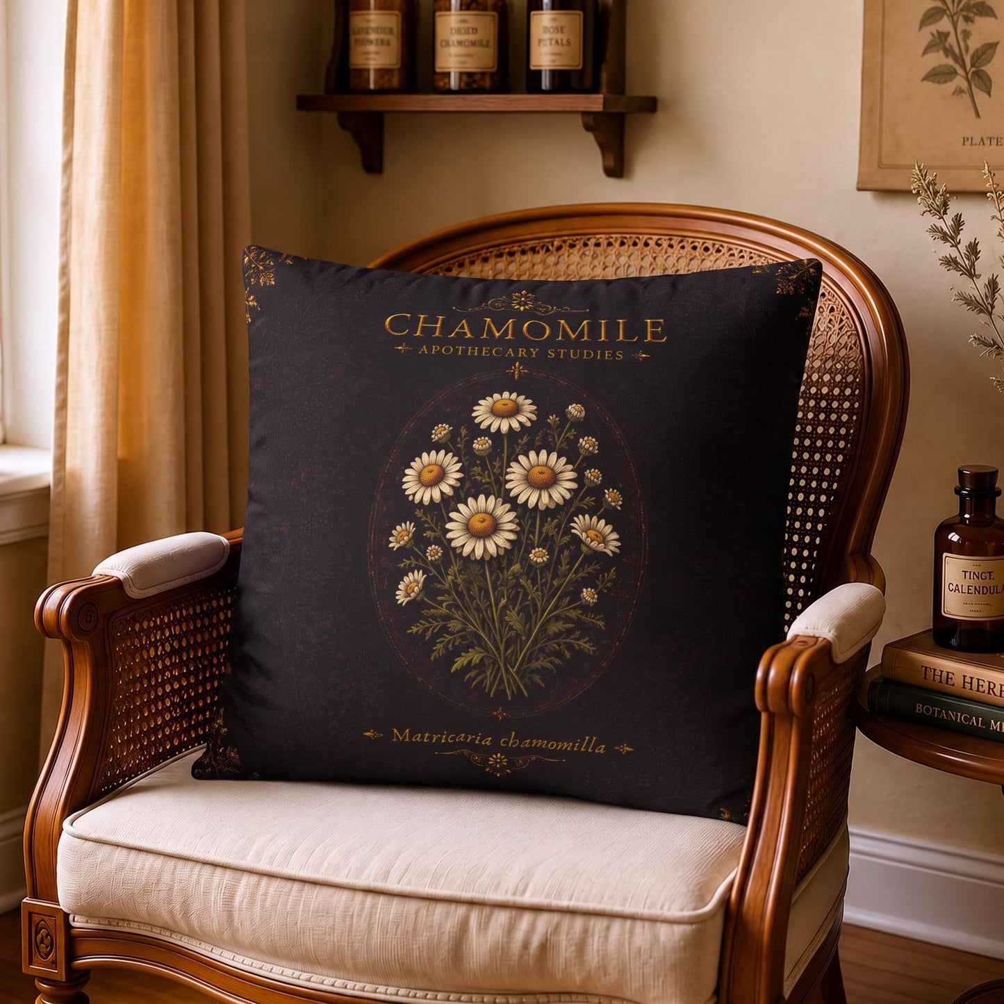 Chamomile Apothecary Pillow, Botanical Throw Pillow, Cottagecore Cushion, Dark Academia Decor, Herbal Home Accent