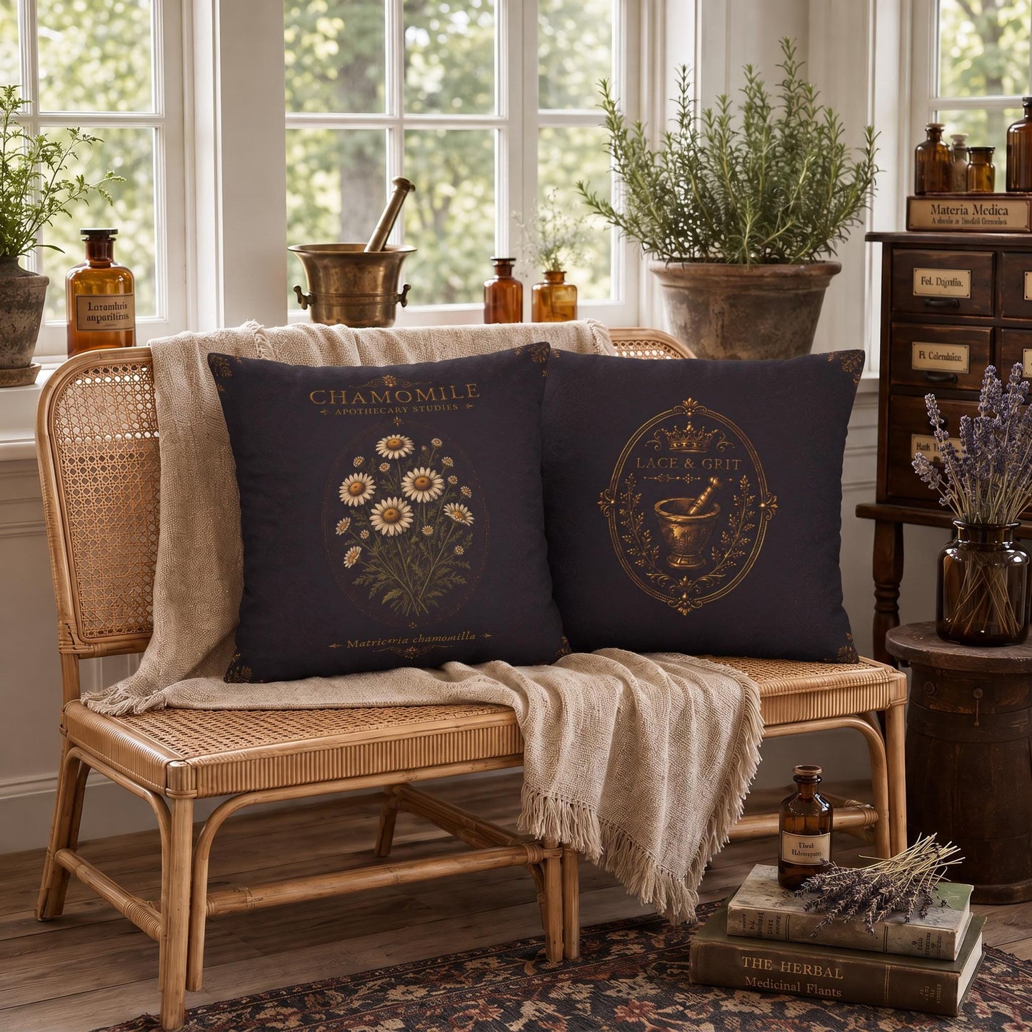Chamomile Apothecary Pillow, Botanical Throw Pillow, Cottagecore Cushion, Dark Academia Decor, Herbal Home Accent