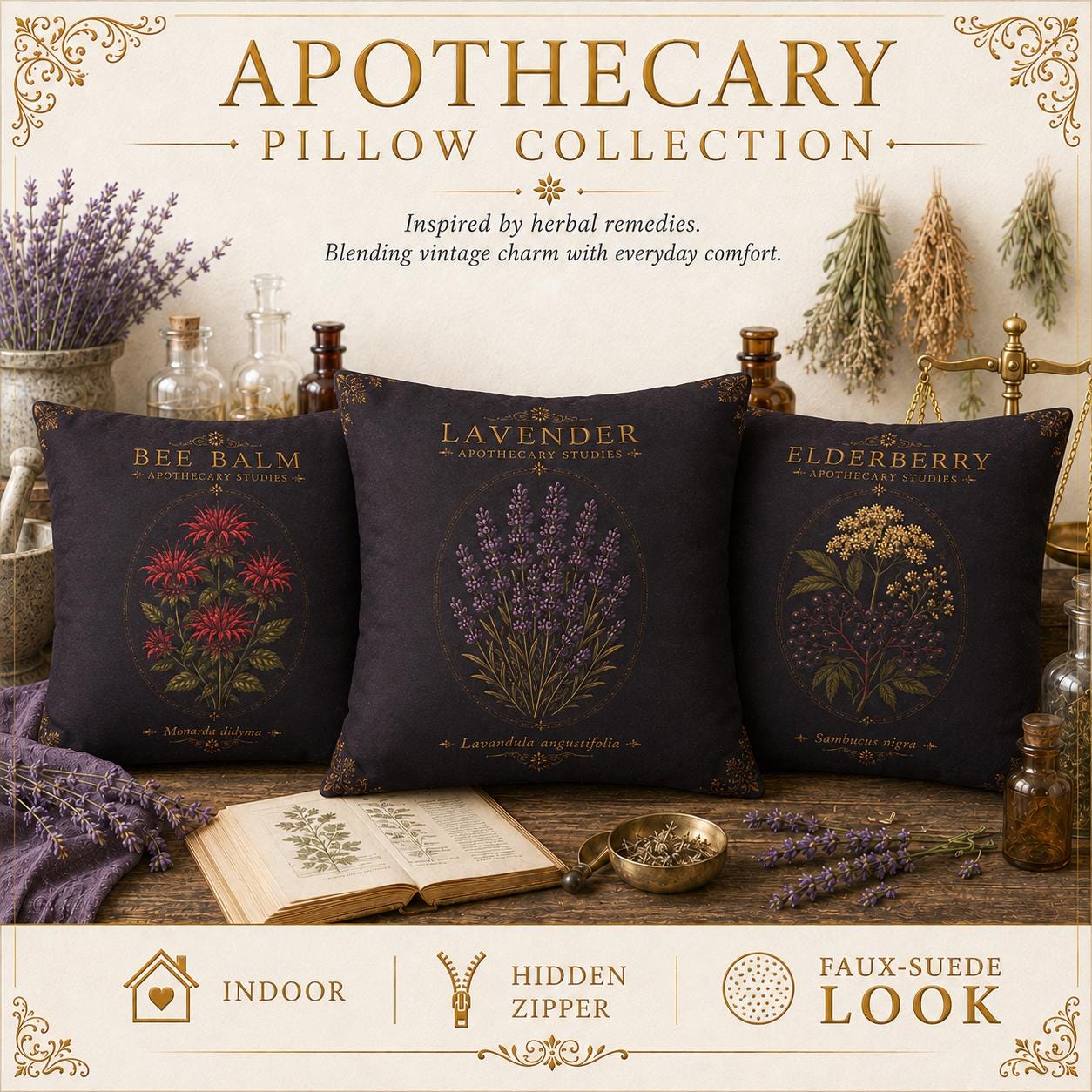 Elderberry Apothecary Studies Faux Suede Pillow, Vintage Herbal Home Decor (Cover or Insert)