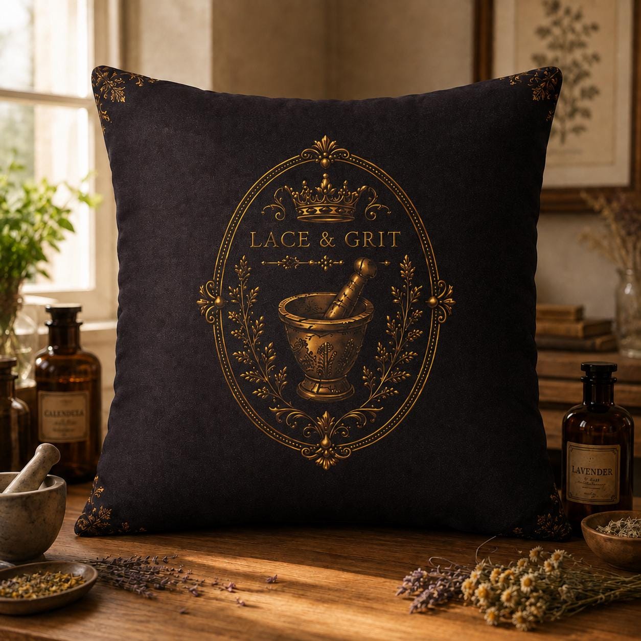 Elderberry Apothecary Studies Faux Suede Pillow, Vintage Herbal Home Decor (Cover or Insert)