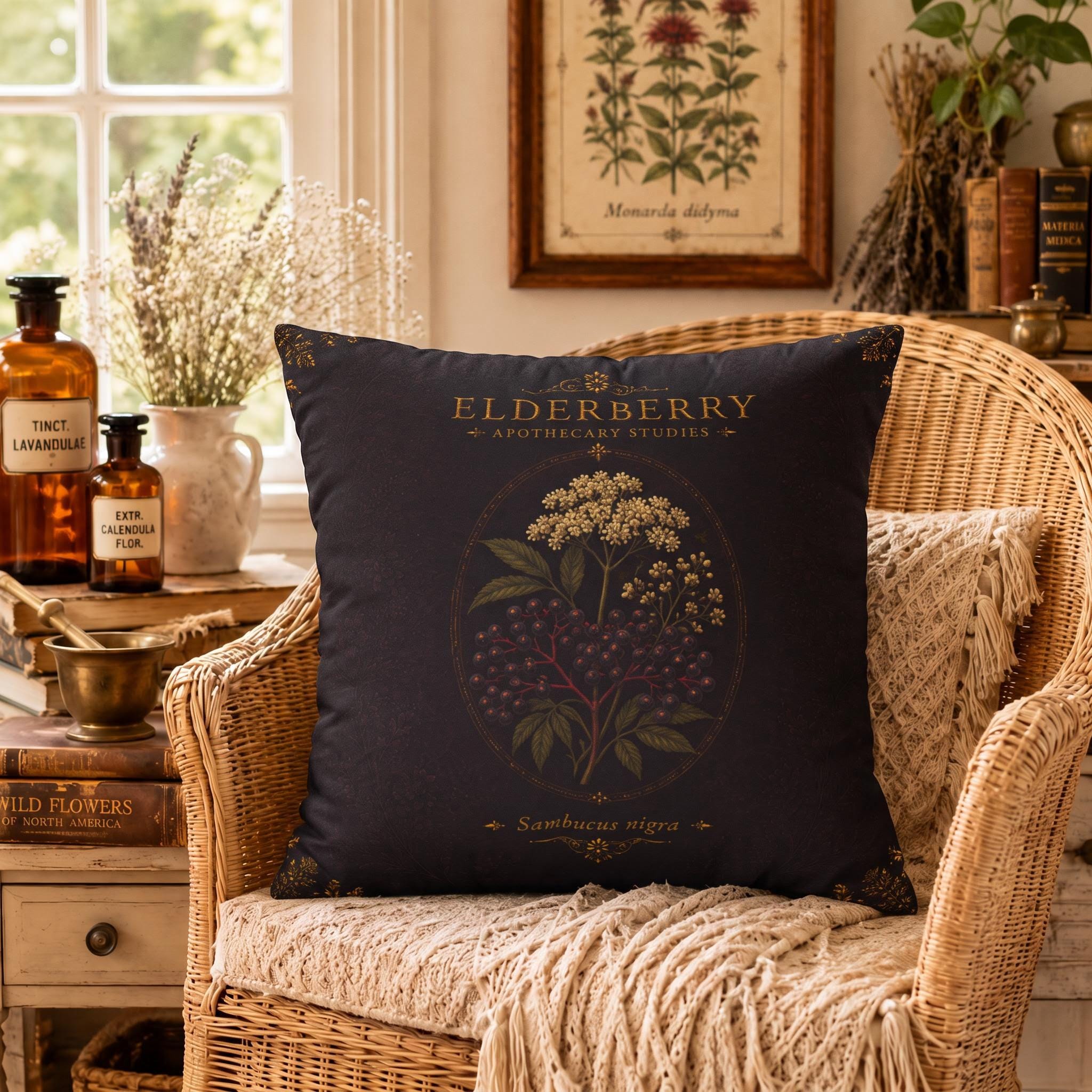 Elderberry Apothecary Studies Faux Suede Pillow, Vintage Herbal Home Decor (Cover or Insert)