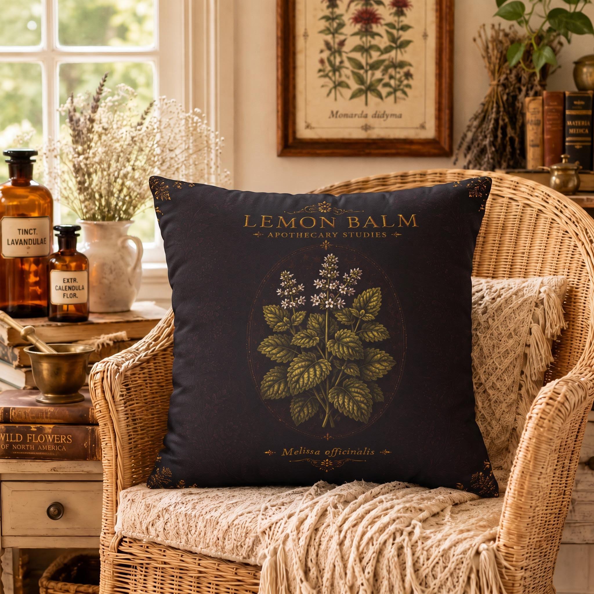 Lemon Balm Apothecary Studies Faux Suede Pillow, Vintage Herbal Home Decor (Cover or Insert)