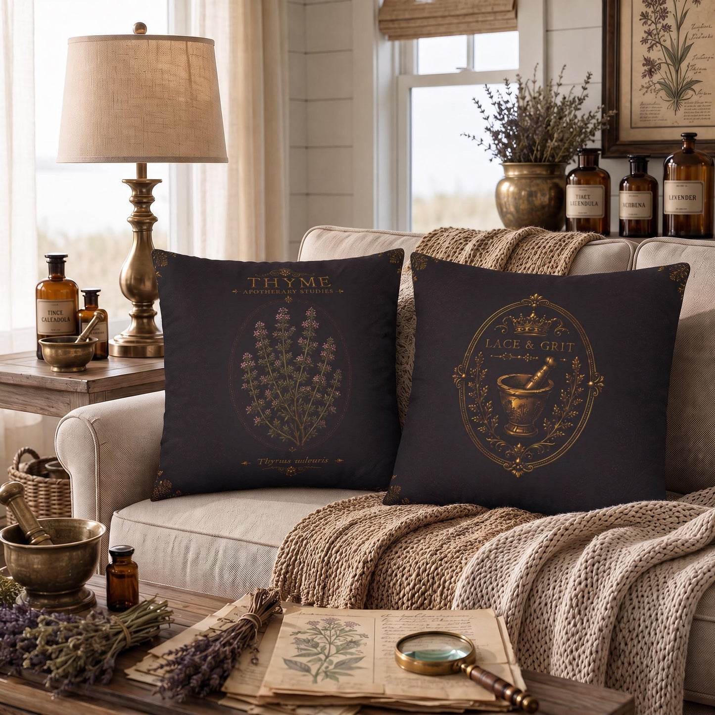 Thyme Apothecary Studies Faux Suede Pillow, Vintage Herbal Home Decor (Cover or Insert)