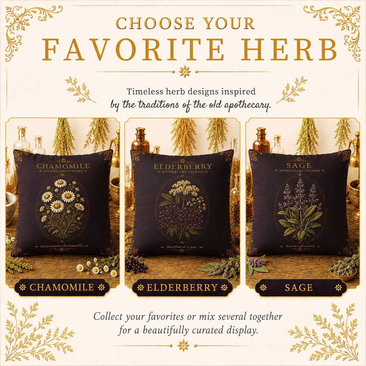 Thyme Apothecary Studies Faux Suede Pillow, Vintage Herbal Home Decor (Cover or Insert)