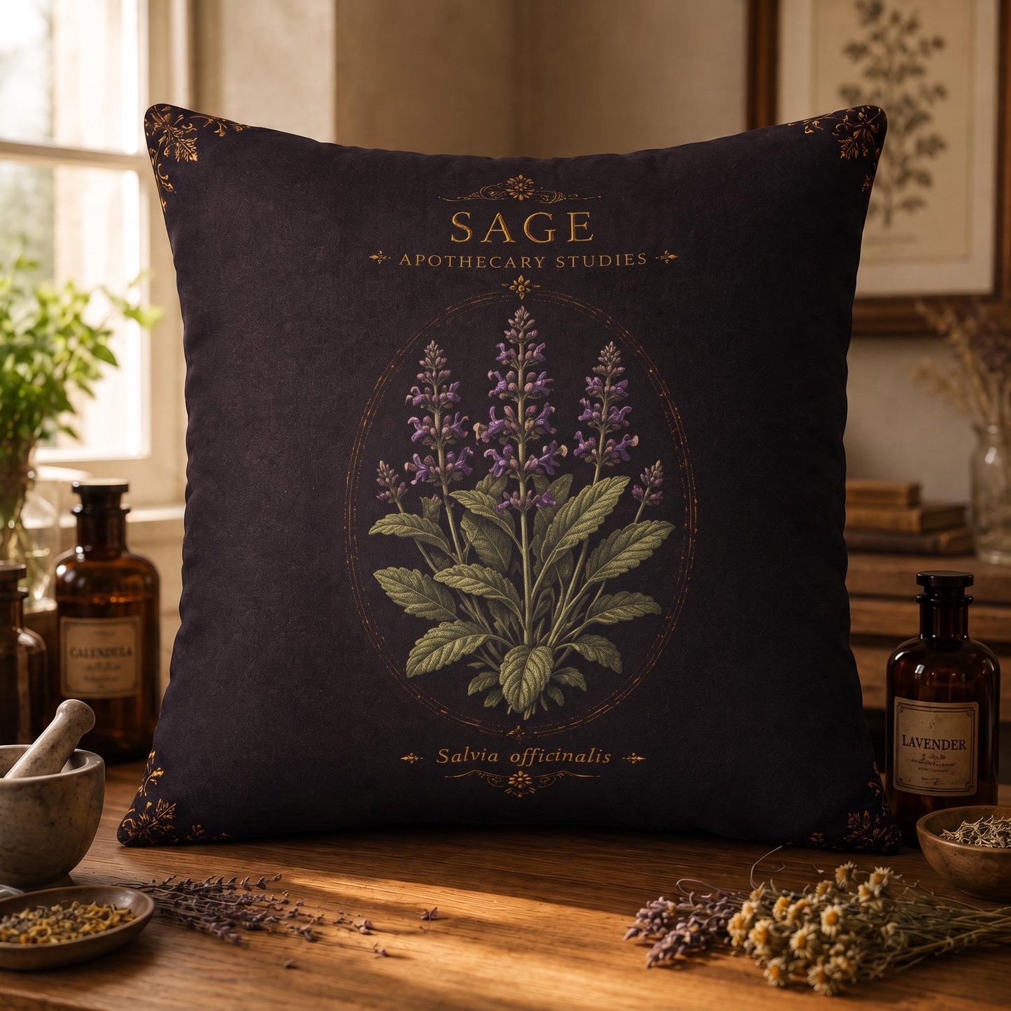 Sage Apothecary Pillow, Botanical Throw Pillow, Cottagecore Cushion, Dark Academia Decor, Herbal Home Accent