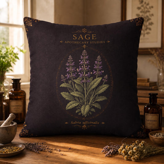Sage Apothecary Pillow, Botanical Throw Pillow, Cottagecore Cushion, Dark Academia Decor, Herbal Home Accent