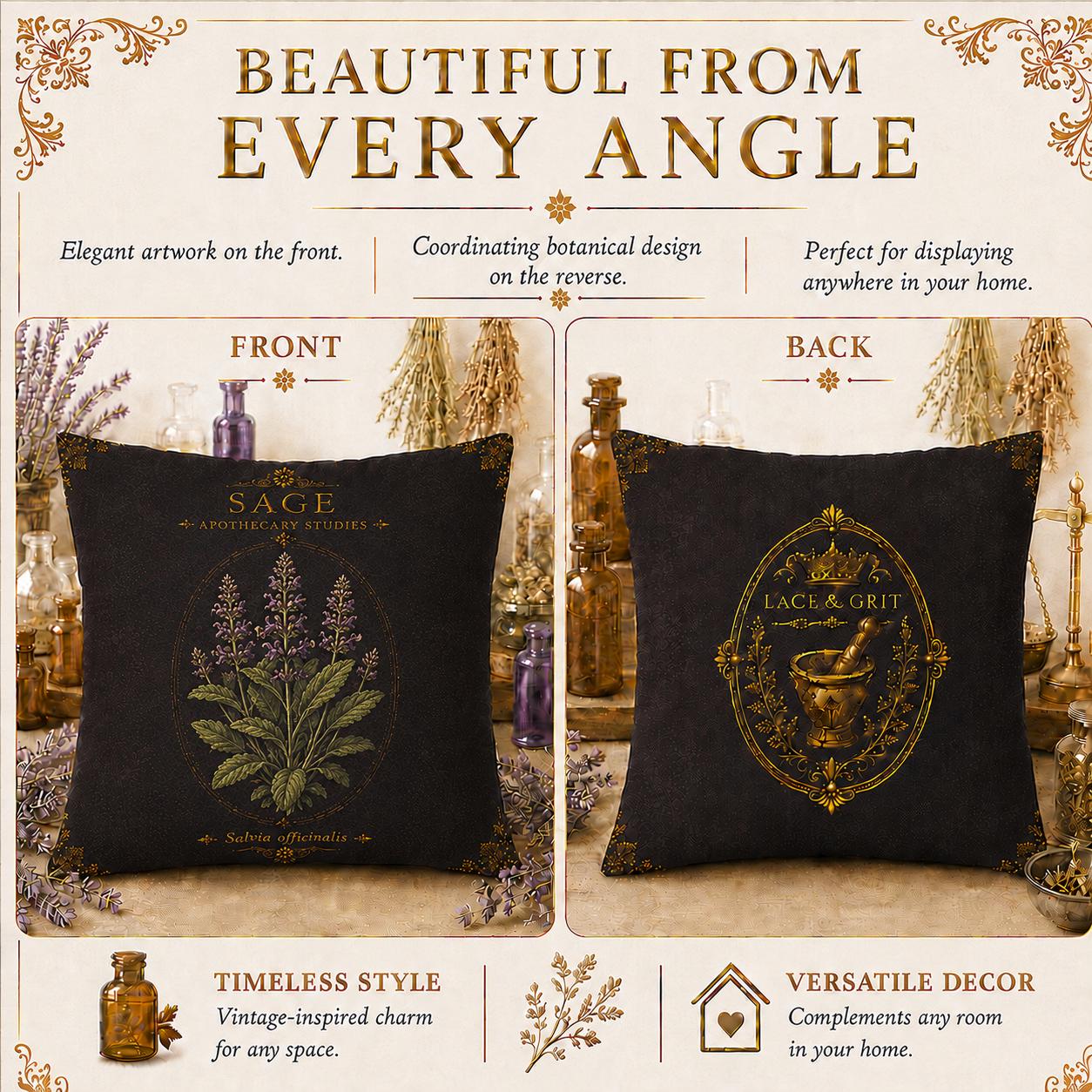 Sage Apothecary Pillow, Botanical Throw Pillow, Cottagecore Cushion, Dark Academia Decor, Herbal Home Accent
