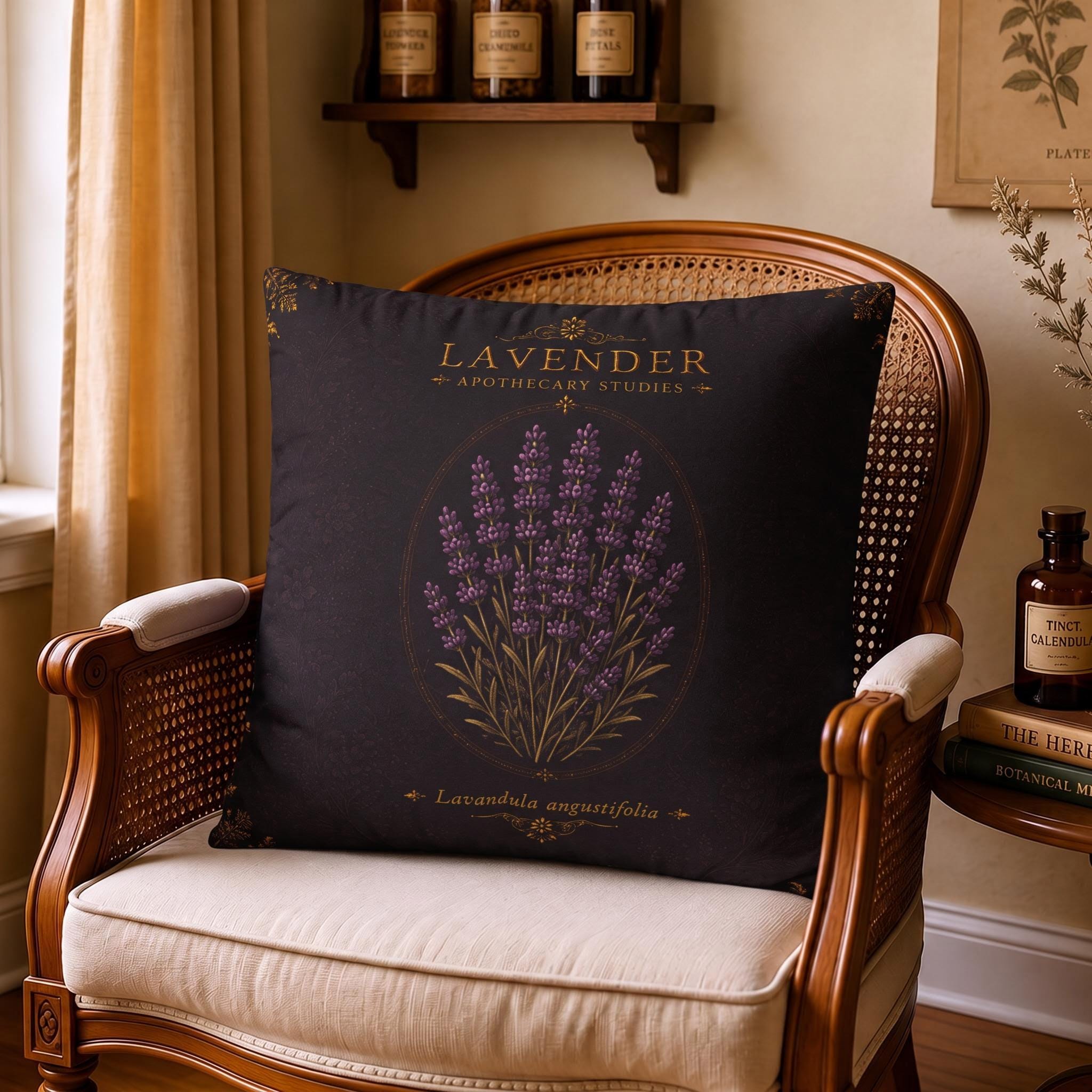 Lavender Apothecary Pillow, Botanical Throw Pillow, Cottagecore Cushion, Dark Academia Decor, Herbal Home Accent
