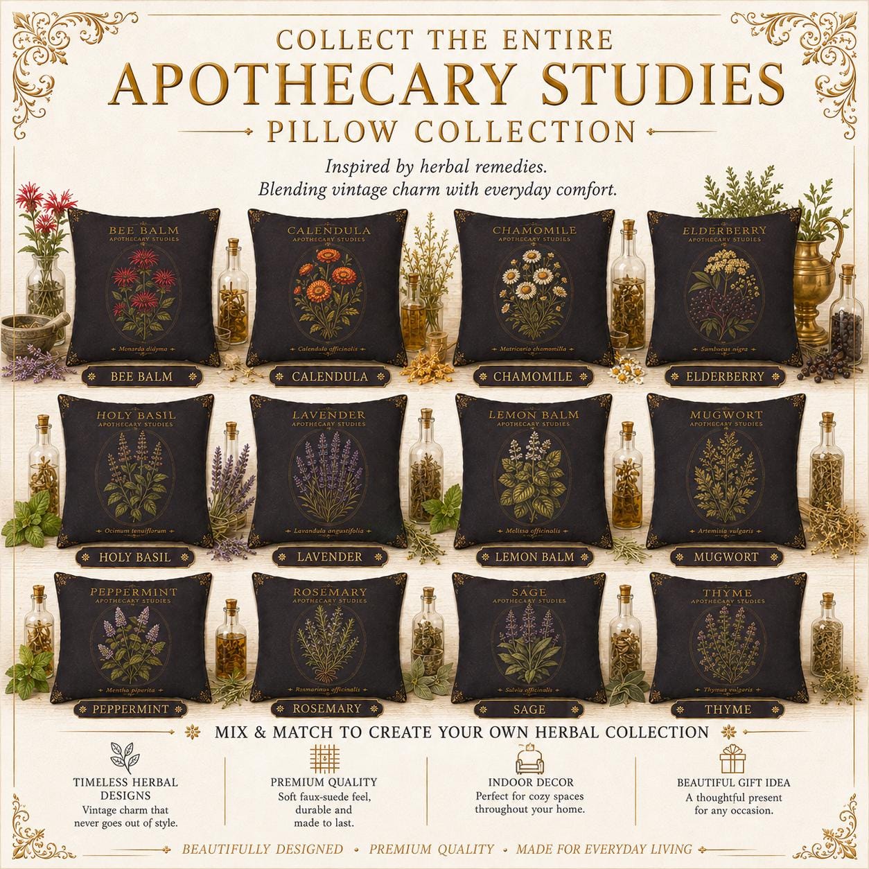 Lavender Apothecary Pillow, Botanical Throw Pillow, Cottagecore Cushion, Dark Academia Decor, Herbal Home Accent