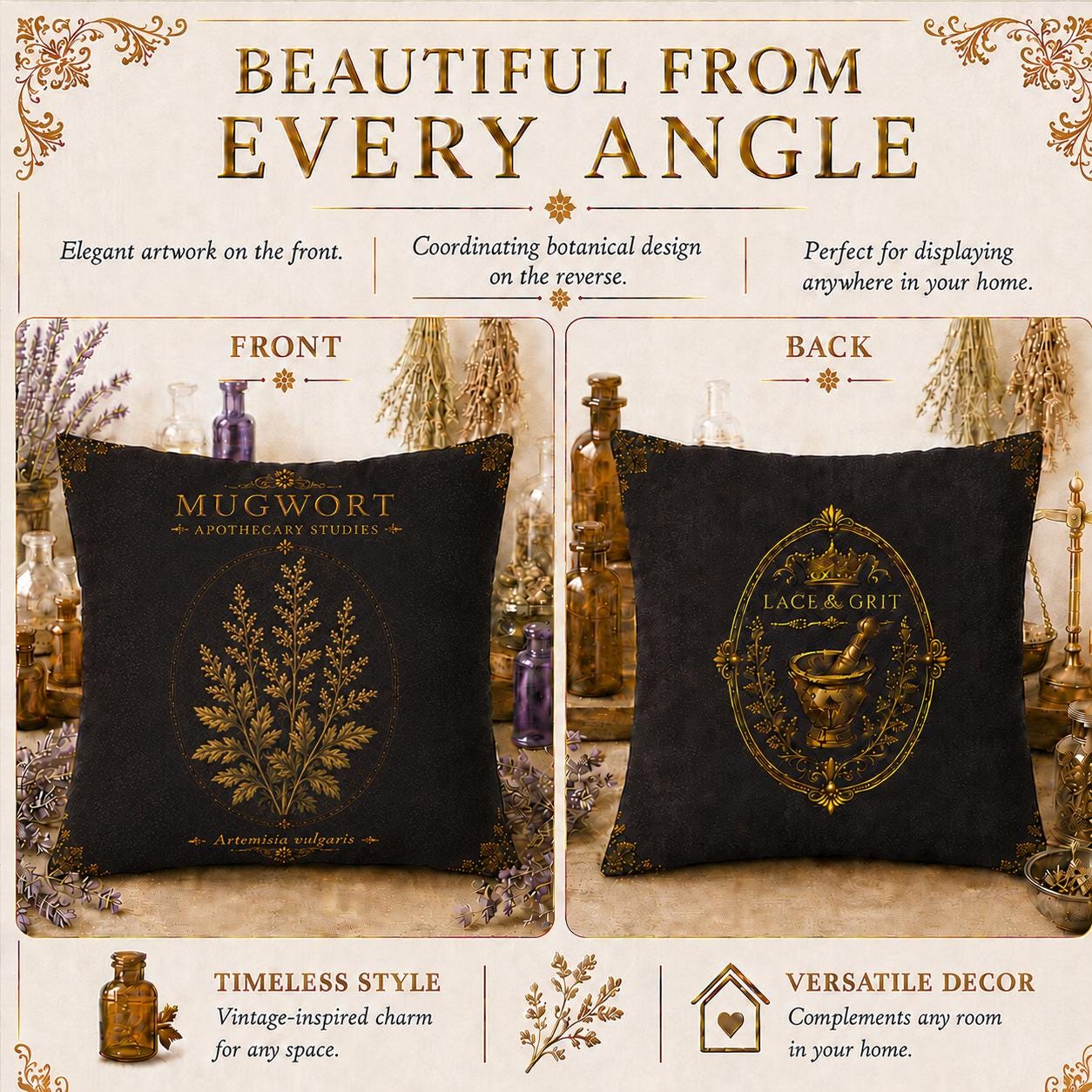 Mugwort Apothecary Pillow, Botanical Throw Pillow, Cottagecore Cushion, Dark Academia Decor, Herbal Home Accent