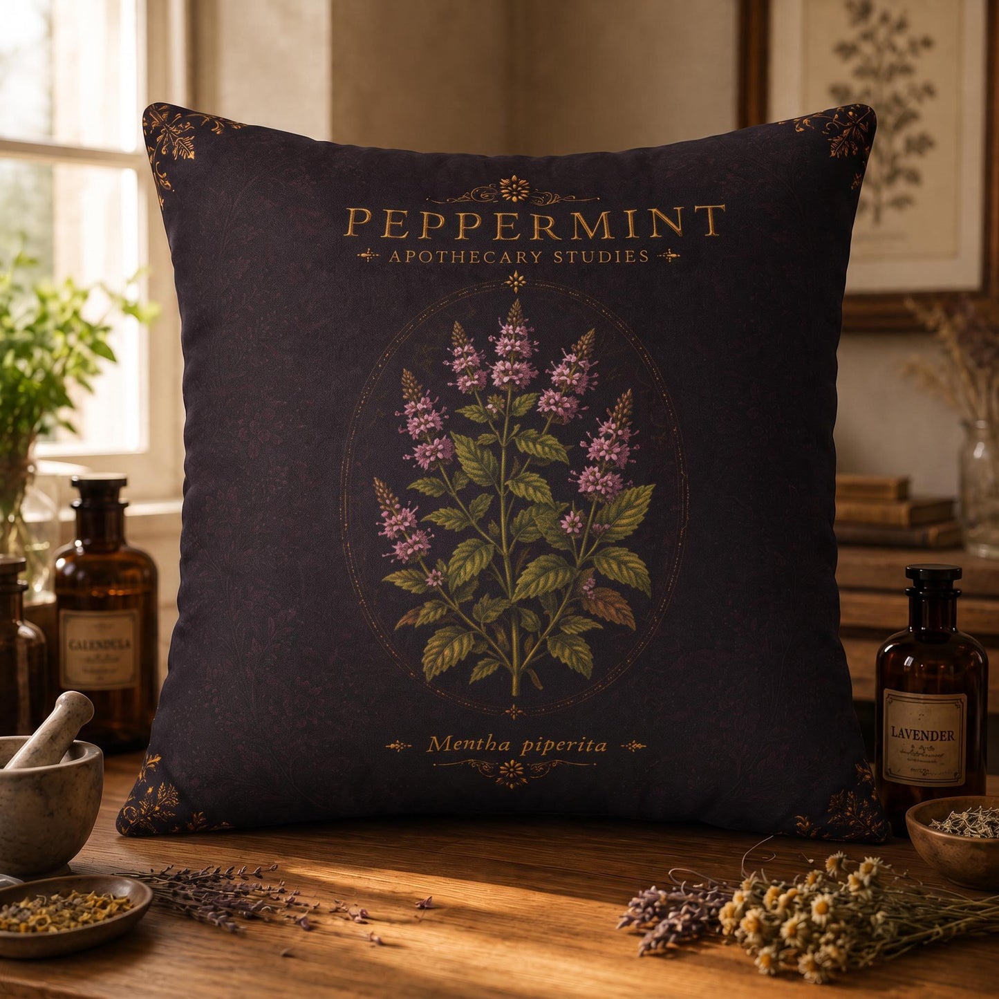 Peppermint Apothecary Pillow, Botanical Throw Pillow, Cottagecore Cushion, Dark Academia Decor, Herbal Home Accent