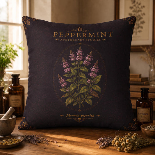 Peppermint Apothecary Pillow, Botanical Throw Pillow, Cottagecore Cushion, Dark Academia Decor, Herbal Home Accent