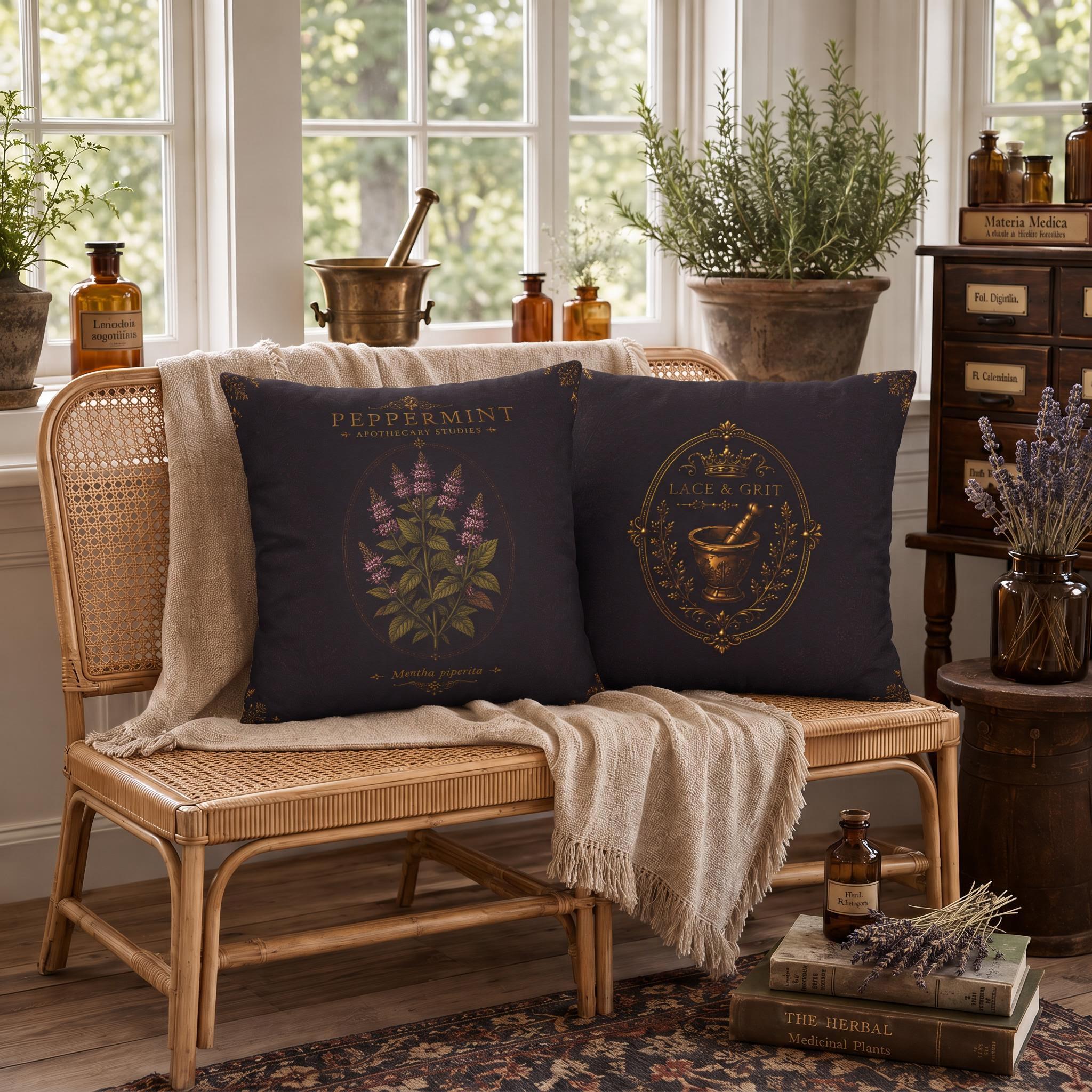 Peppermint Apothecary Pillow, Botanical Throw Pillow, Cottagecore Cushion, Dark Academia Decor, Herbal Home Accent