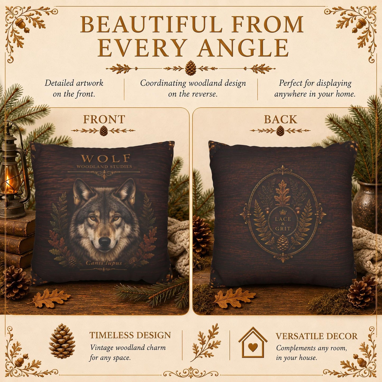 Wolf Woodland Pillow, Rustic Throw Pillow, Cabin Decor Cushion, Lodge Style Accent, Wildlife Home Decor