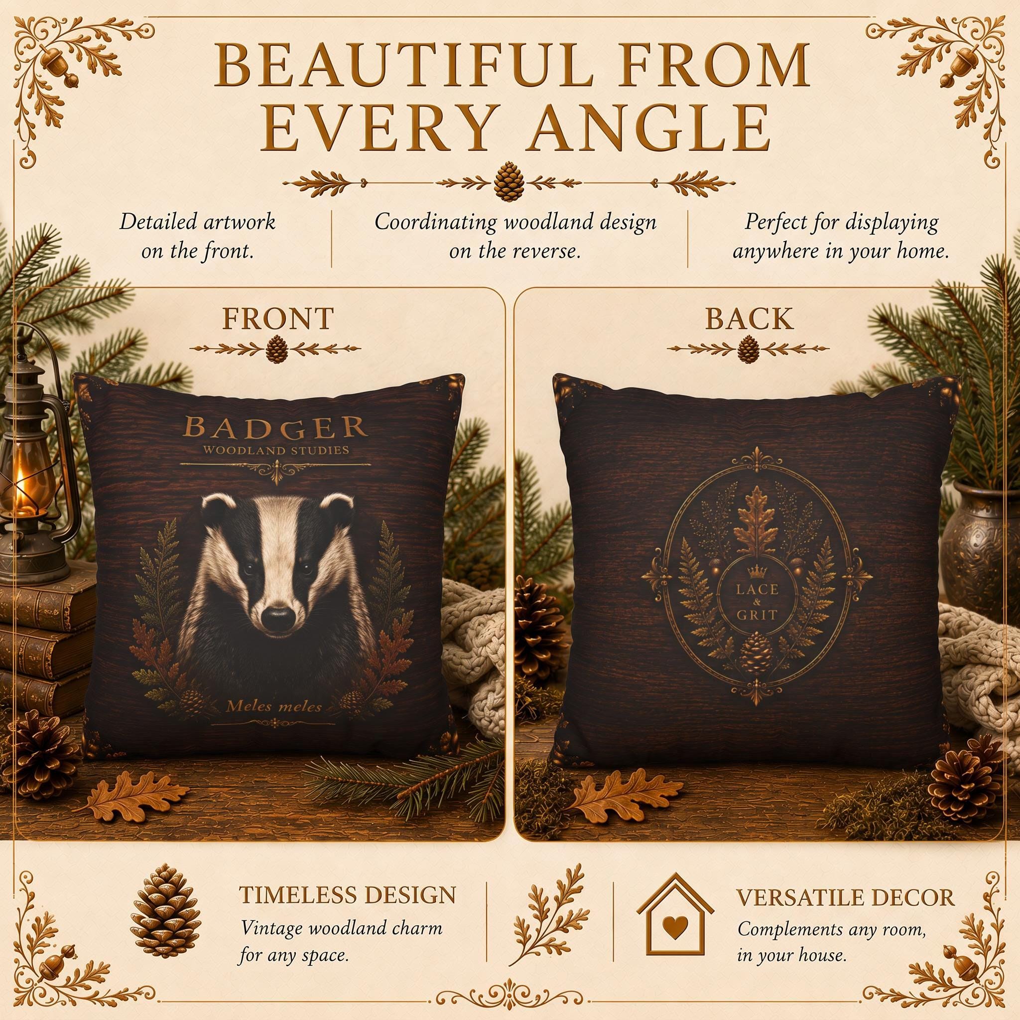 Badger Woodland Pillow, Rustic Throw Pillow, Cabin Decor Cushion, Lodge Style Accent, Wildlife Home Decor