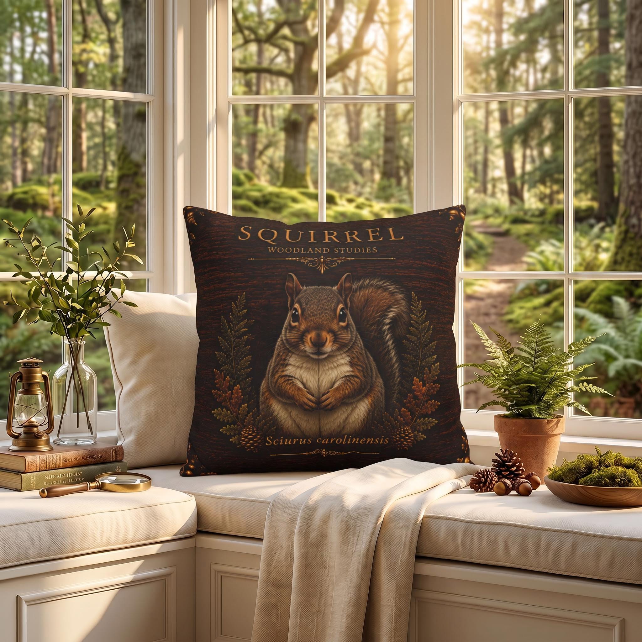 Squirrel Woodland Pillow, Rustic Throw Pillow, Cabin Decor Cushion, Lodge Style Accent, Wildlife Home Decor