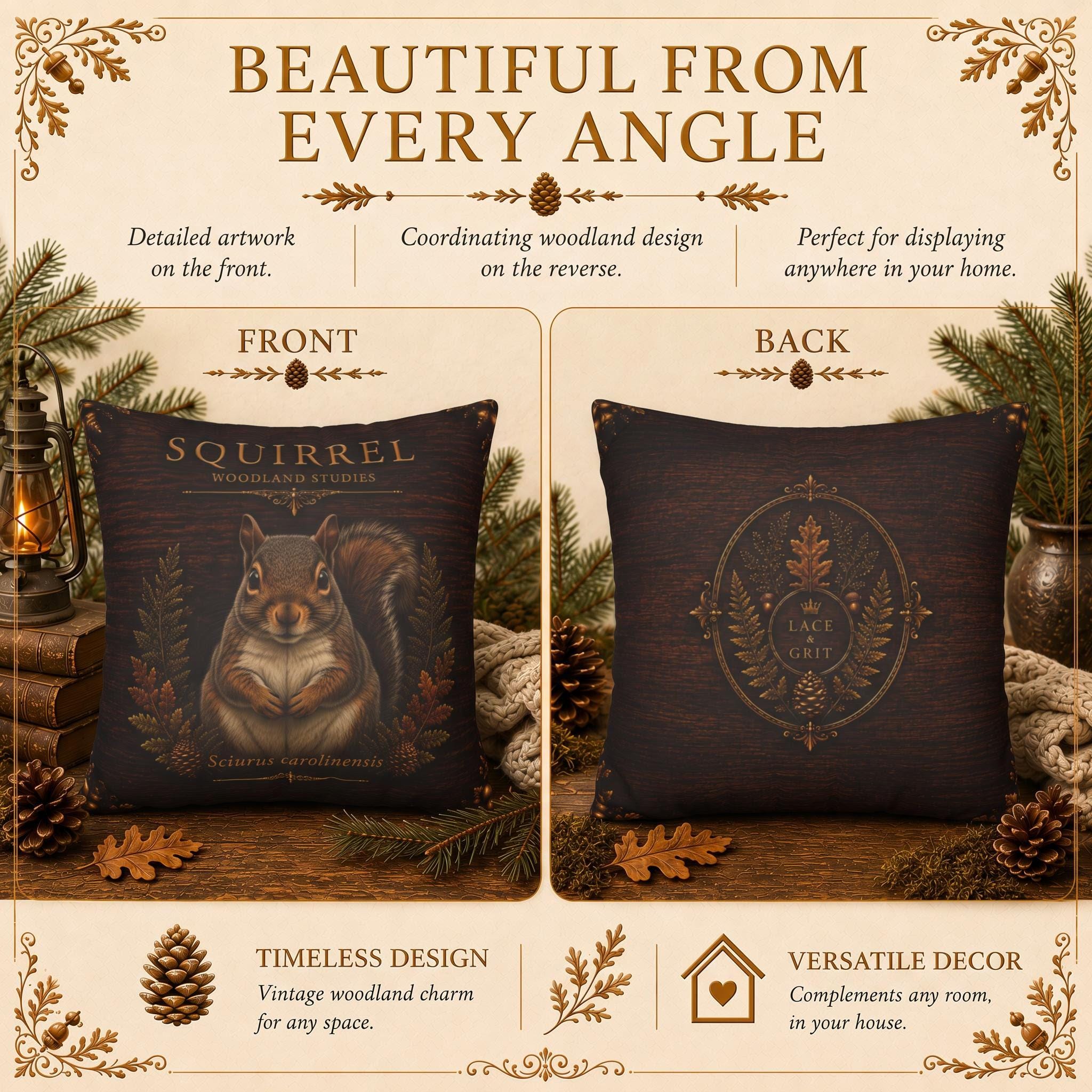 Squirrel Woodland Pillow, Rustic Throw Pillow, Cabin Decor Cushion, Lodge Style Accent, Wildlife Home Decor