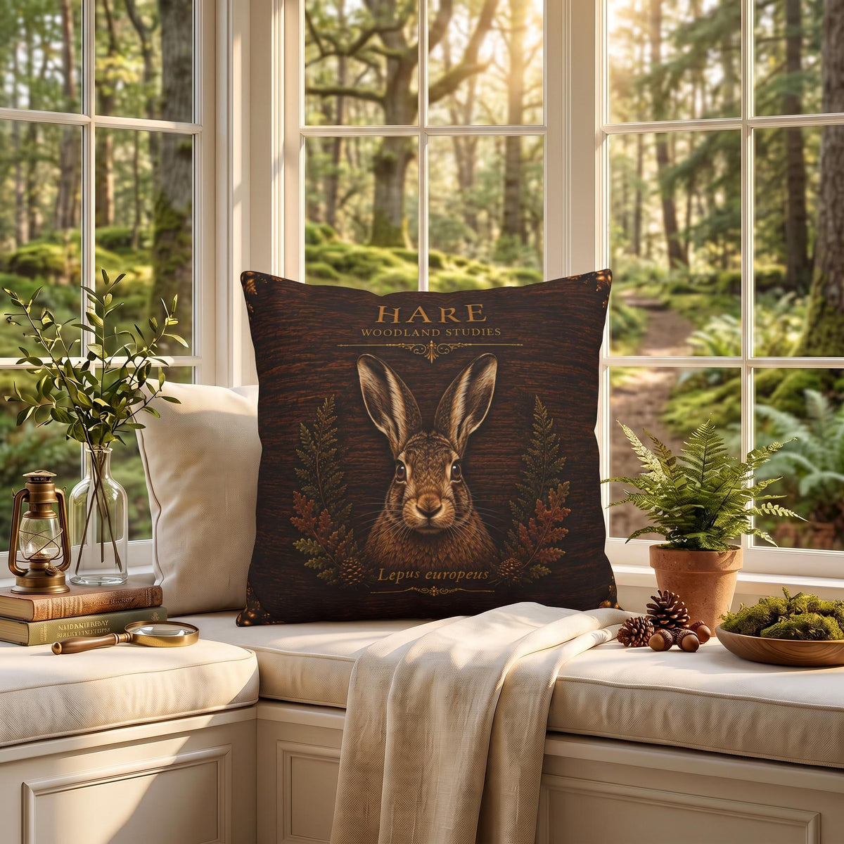 Hare Woodland Studies Faux Suede Pillow, Rustic Forest Lodge Decor (Cover or Insert)