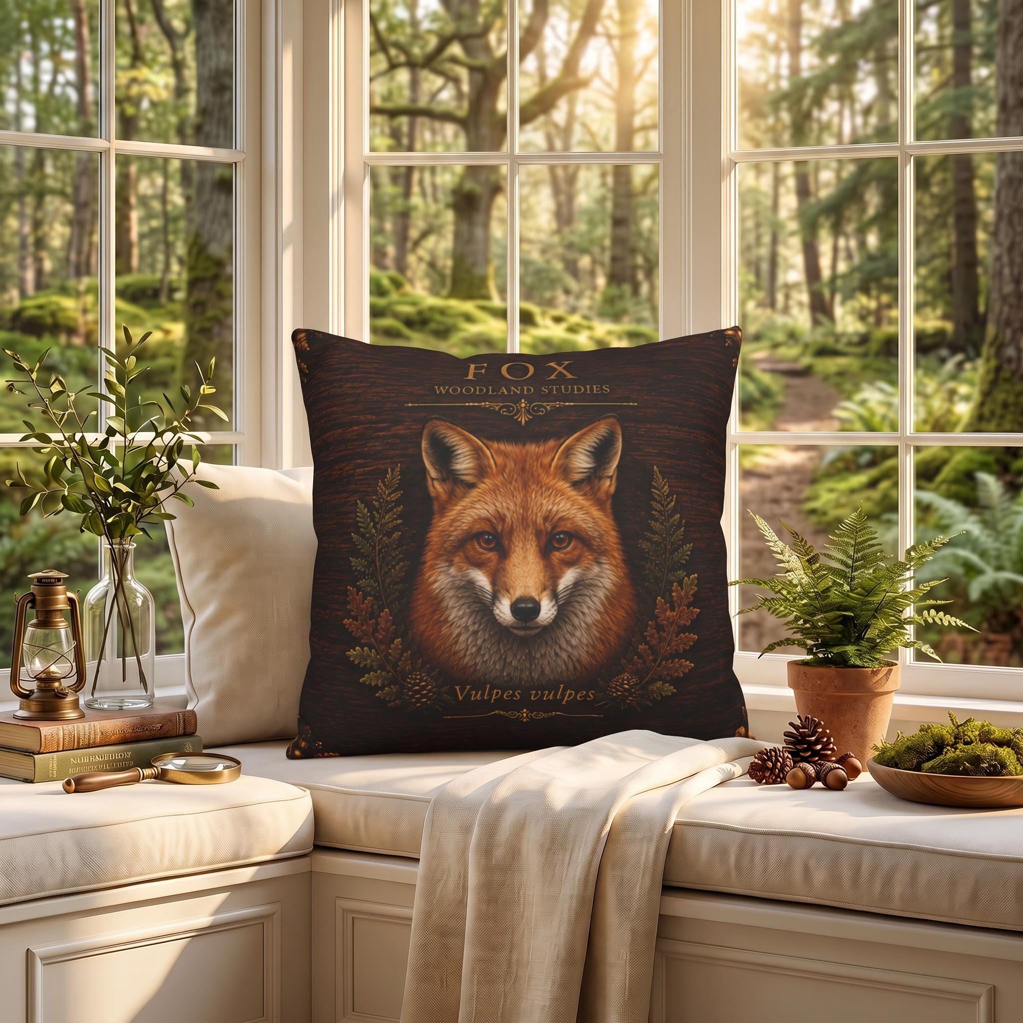 Fox Woodland Pillow, Rustic Throw Pillow, Cabin Decor Cushion, Lodge Style Accent, Wildlife Home Decor