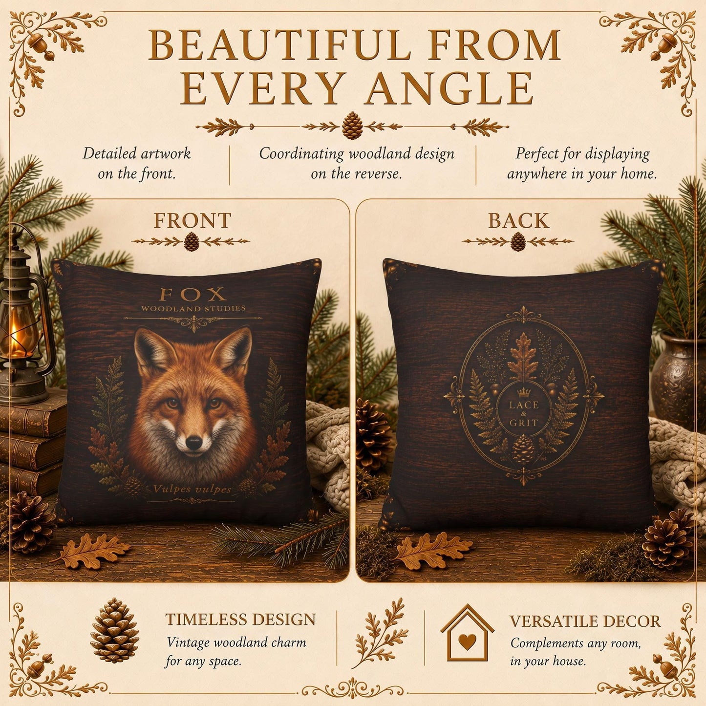 Fox Woodland Pillow, Rustic Throw Pillow, Cabin Decor Cushion, Lodge Style Accent, Wildlife Home Decor