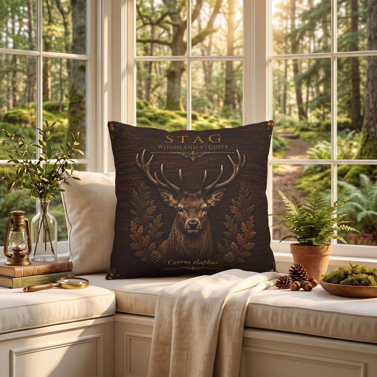 Stag Woodland Pillow, Rustic Throw Pillow, Cabin Decor Cushion, Lodge Style Accent, Wildlife Home Decor