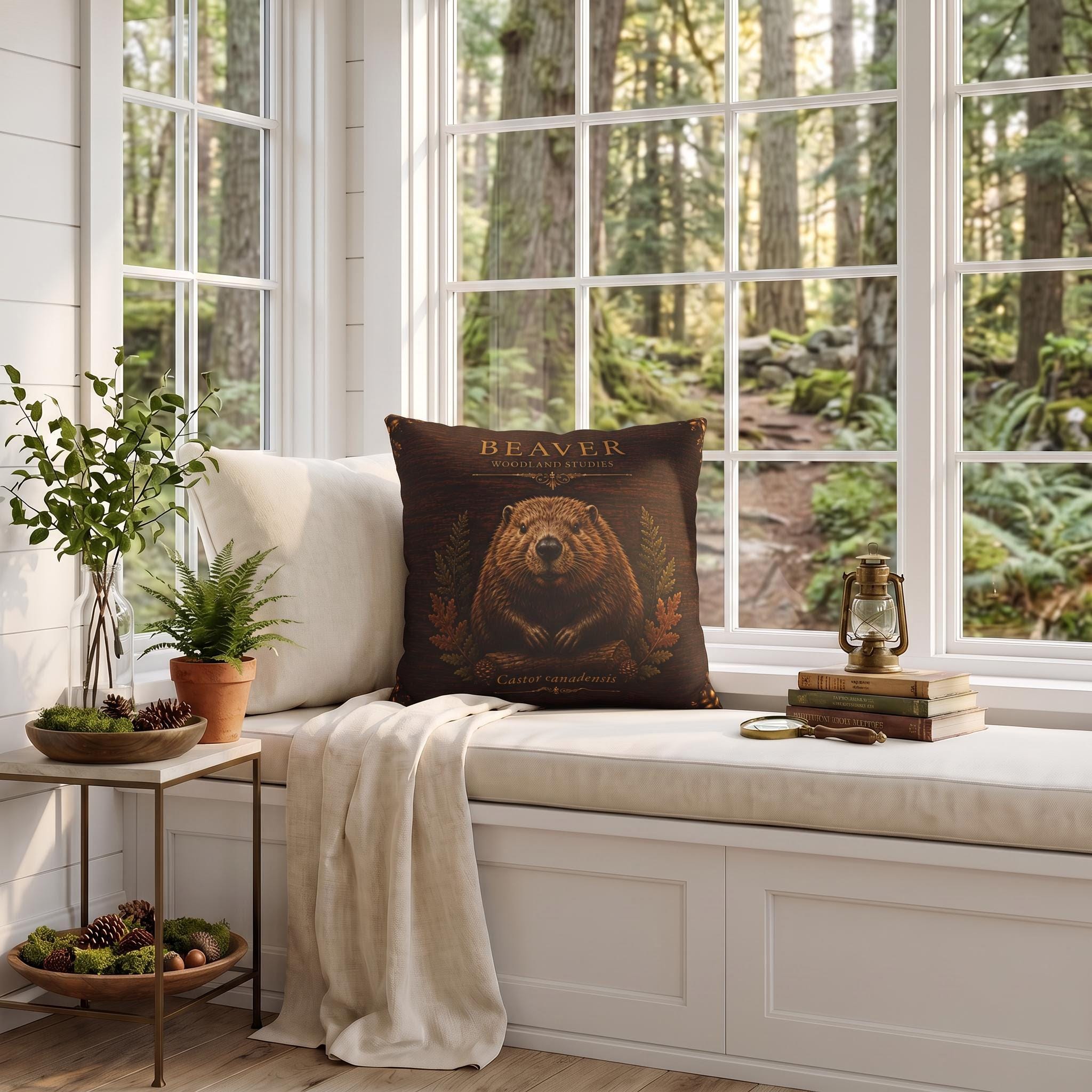 Beaver Woodland Pillow, Rustic Throw Pillow, Cabin Decor Cushion, Lodge Style Accent, Wildlife Home Decor