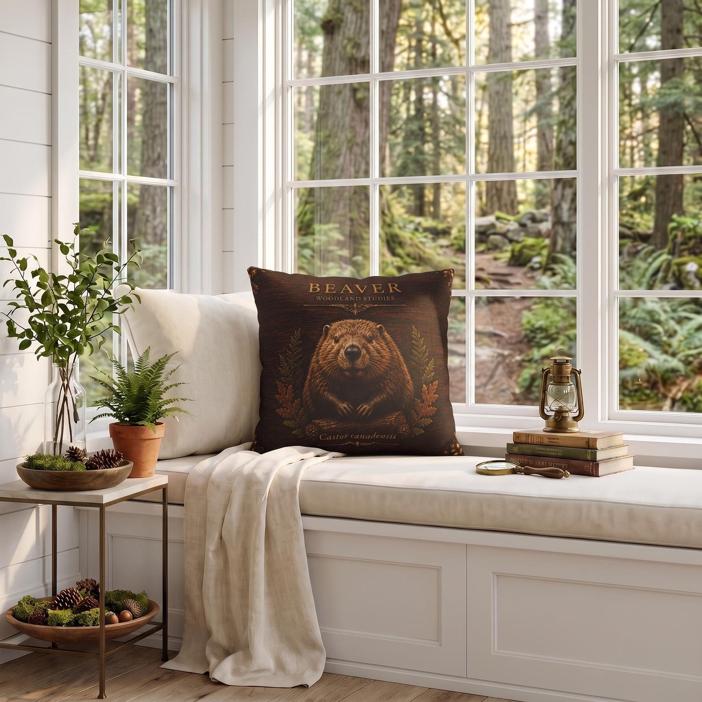 Beaver Woodland Pillow, Rustic Throw Pillow, Cabin Decor Cushion, Lodge Style Accent, Wildlife Home Decor
