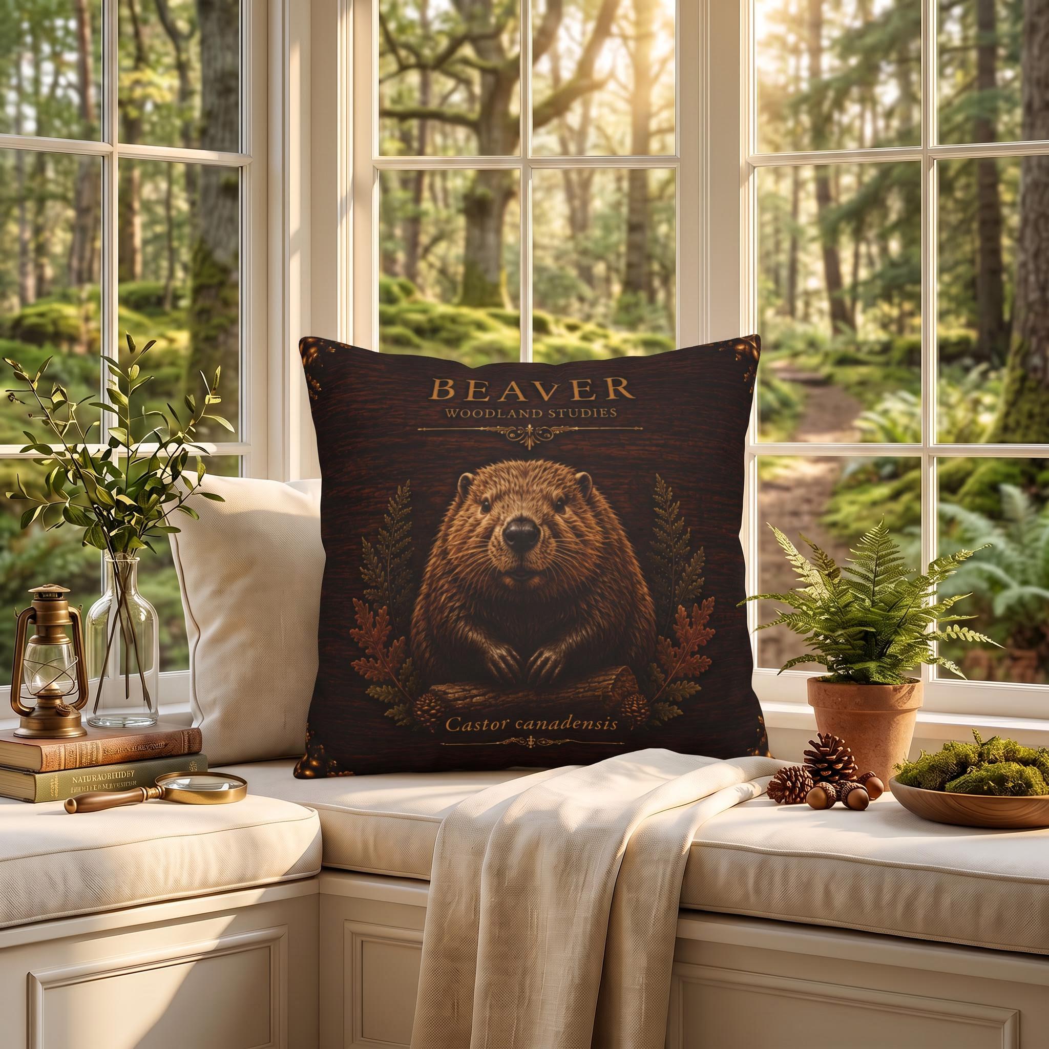 Beaver Woodland Pillow, Rustic Throw Pillow, Cabin Decor Cushion, Lodge Style Accent, Wildlife Home Decor