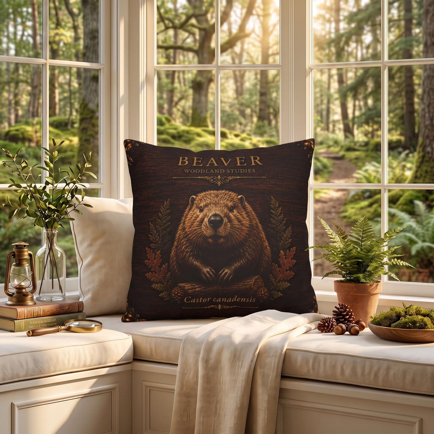 Beaver Woodland Pillow, Rustic Throw Pillow, Cabin Decor Cushion, Lodge Style Accent, Wildlife Home Decor
