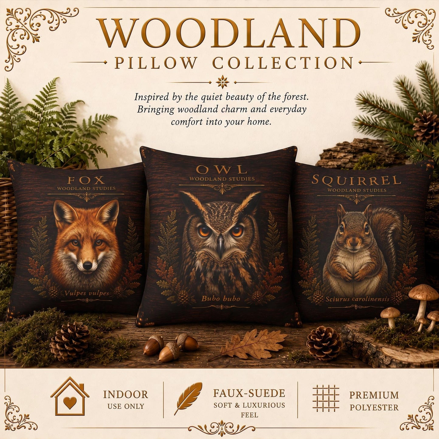 Owl Woodland Pillow, Rustic Throw Pillow, Cabin Decor Cushion, Lodge Style Accent, Wildlife Home Decor