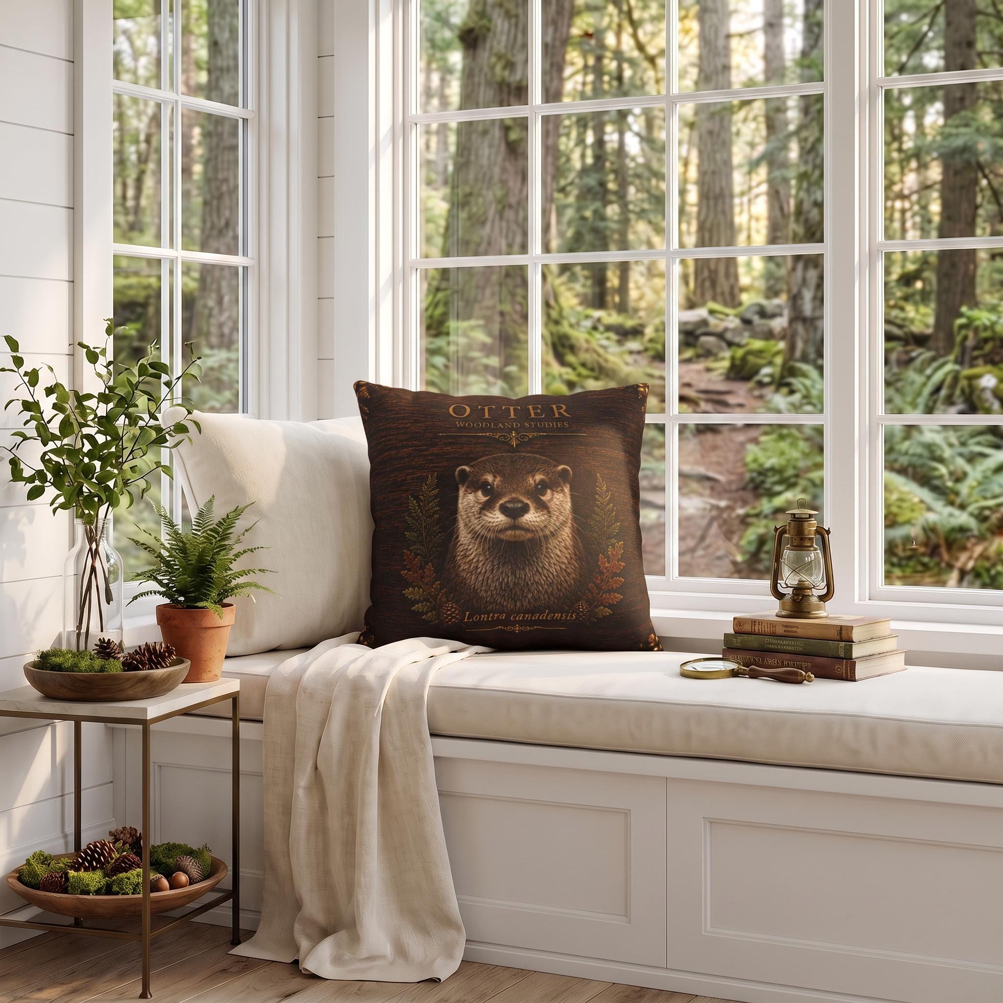 Otter Woodland Studies Pillow, Faux Suede Cabin Decor, Nature Lover Accent (Cover or Insert)