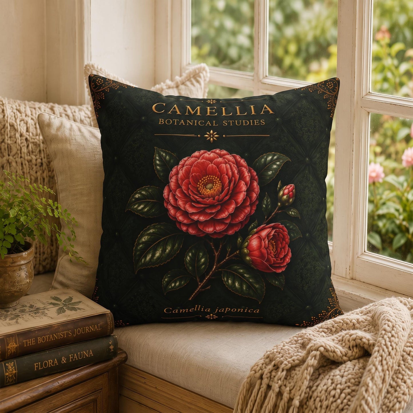 Camellia Botanical Pillow, Vintage Floral Throw Pillow, Cottagecore Cushion, Garden Decor, Botanical Home Accent