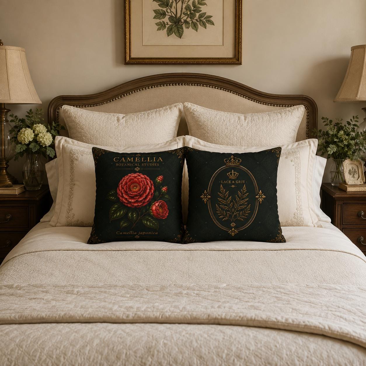 Camellia Botanical Pillow, Vintage Floral Throw Pillow, Cottagecore Cushion, Garden Decor, Botanical Home Accent