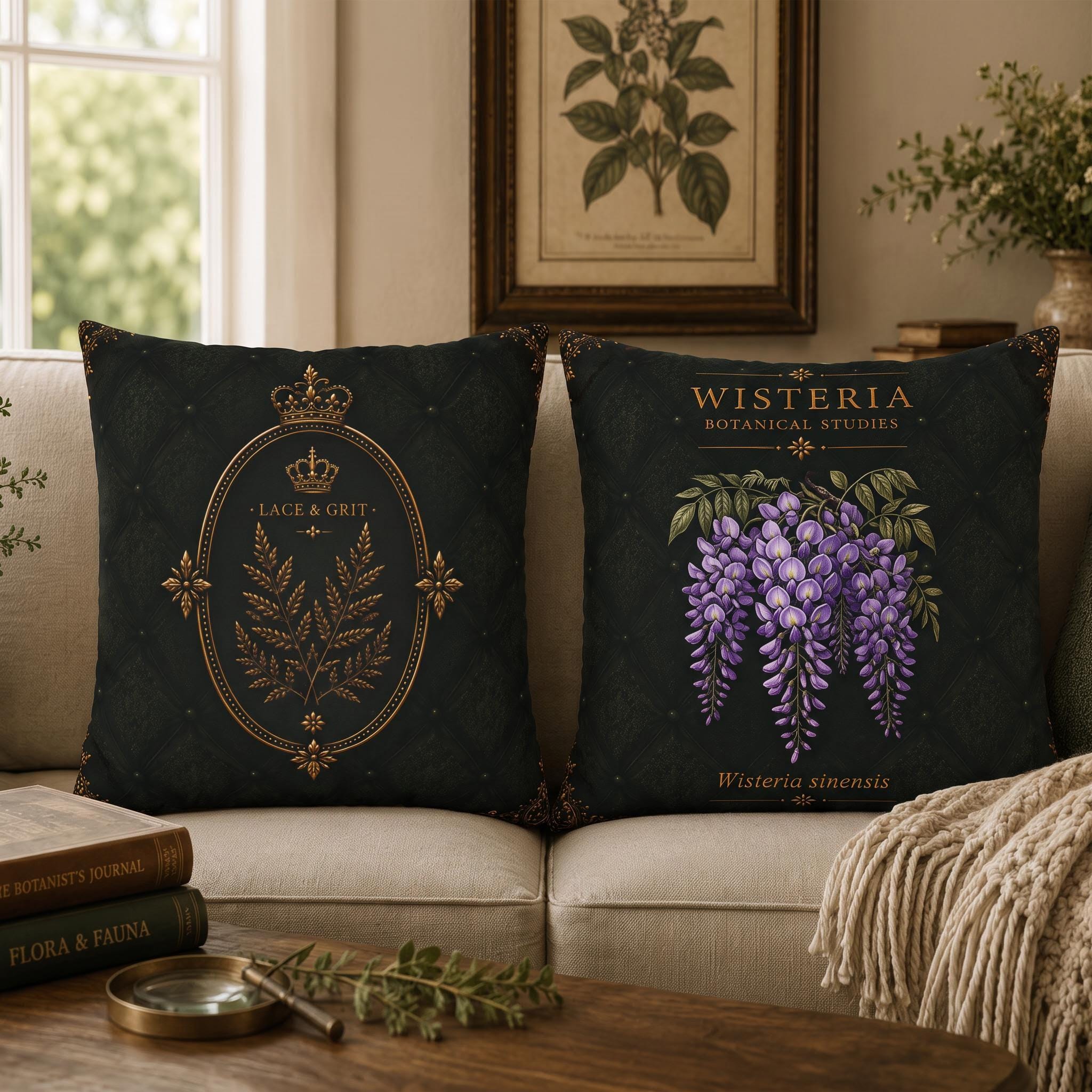 Wisteria Botanical Pillow, Vintage Floral Throw Pillow, Cottagecore Cushion, English Garden Decor, Botanical Home Accent