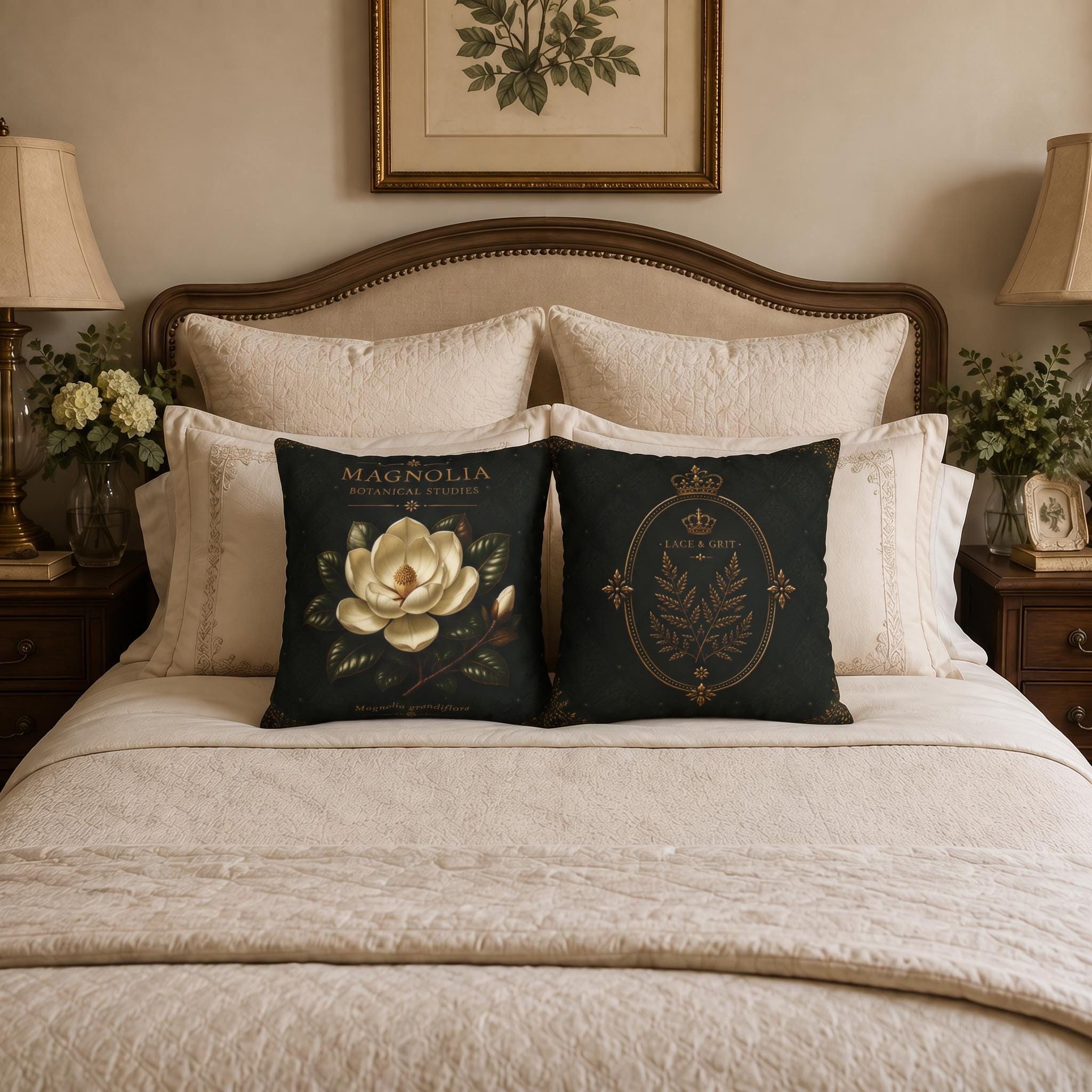 Magnolia Botanical Pillow, Vintage Floral Throw Pillow, Cottagecore Cushion, Southern Garden Decor, Botanical Home Accent