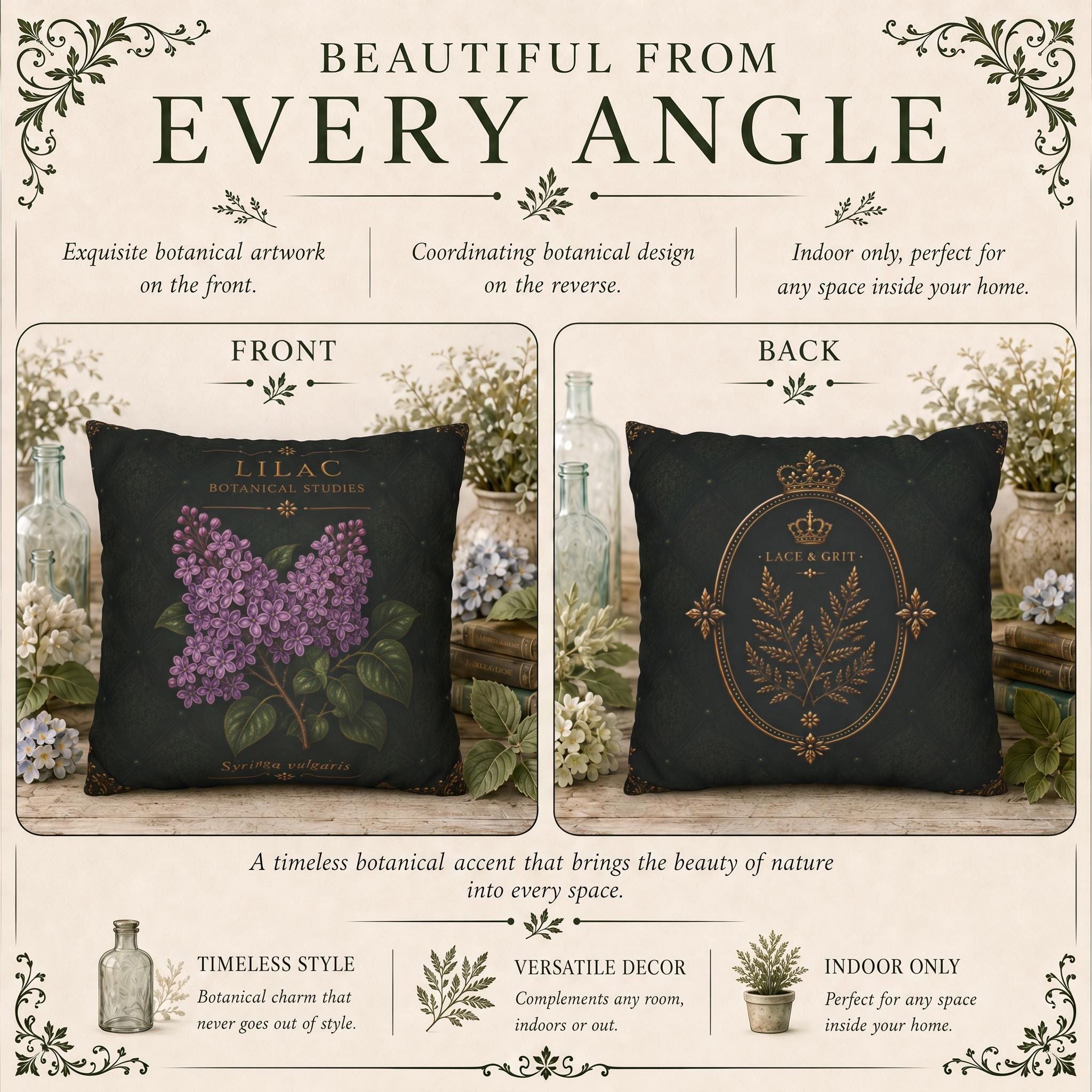 Lilac Botanical Pillow, Vintage Floral Throw Pillow, Cottagecore Cushion, English Garden Decor, Botanical Home Accent