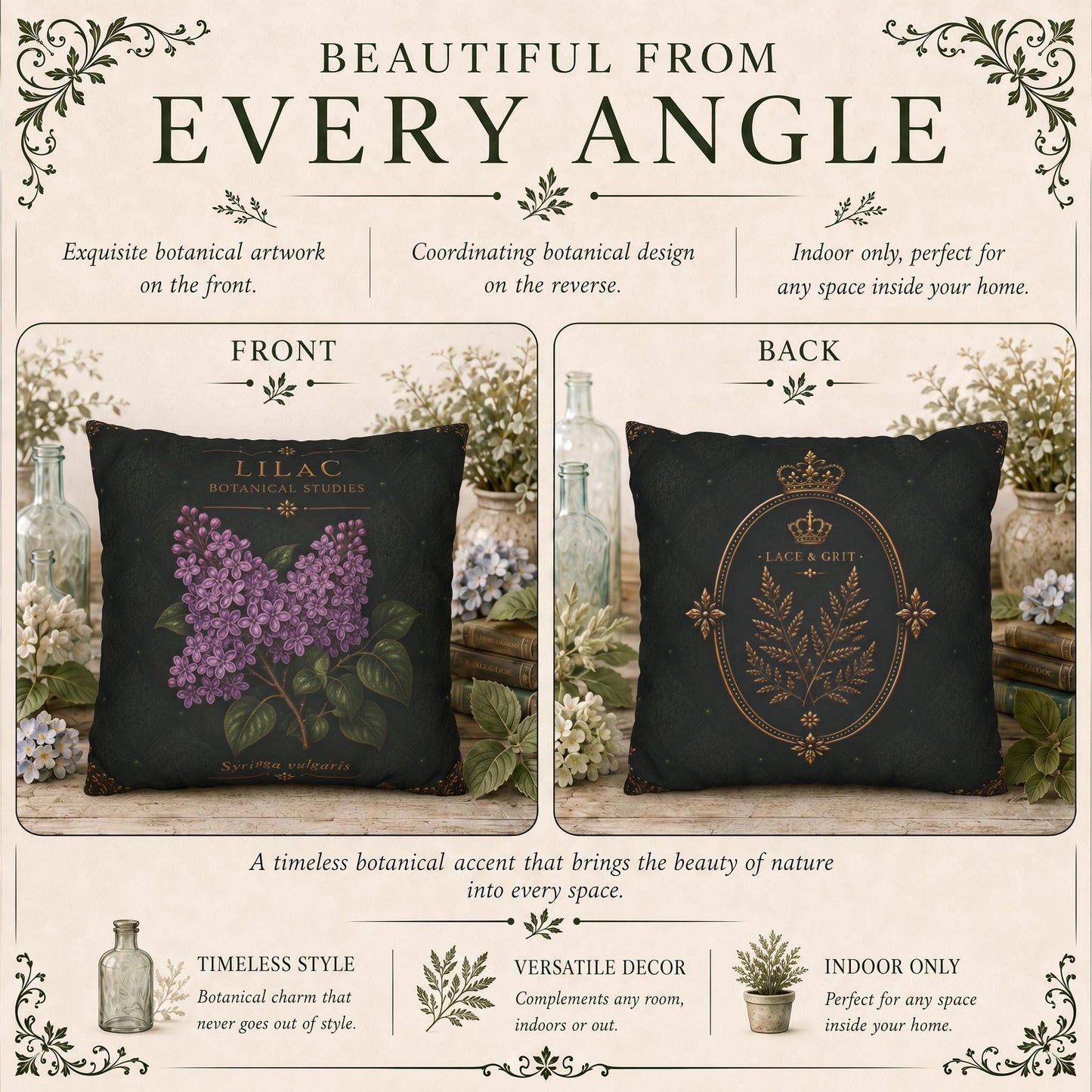 Lilac Botanical Pillow, Vintage Floral Throw Pillow, Cottagecore Cushion, English Garden Decor, Botanical Home Accent