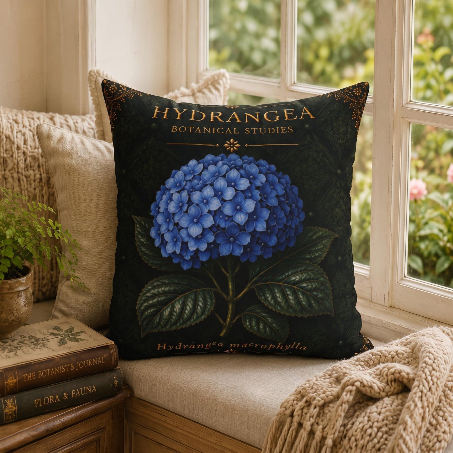 Blue Hydrangea Botanical Pillow, Vintage Floral Throw Pillow, Cottagecore Cushion, Garden Decor, Botanical Home Accent