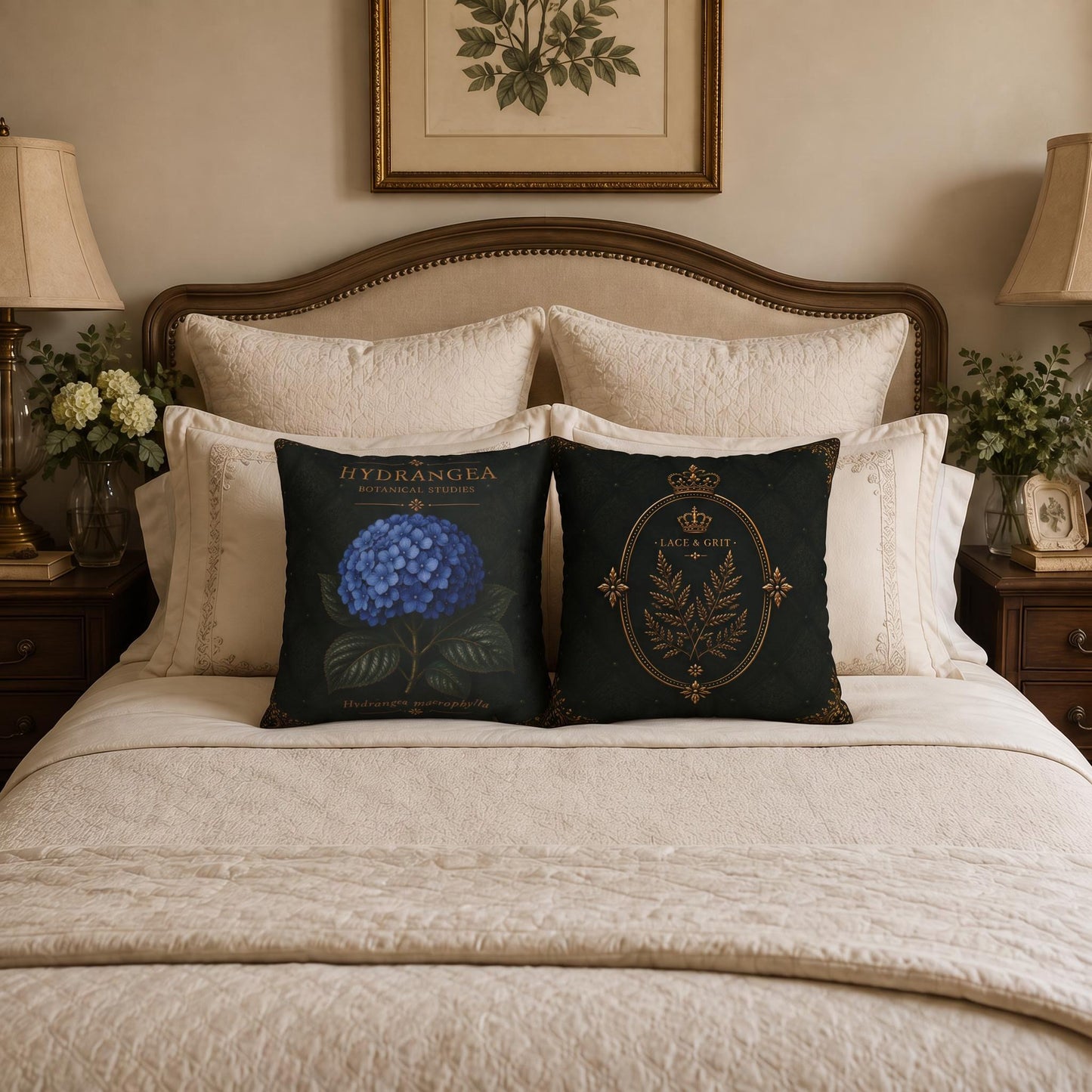 Blue Hydrangea Botanical Pillow, Vintage Floral Throw Pillow, Cottagecore Cushion, Garden Decor, Botanical Home Accent