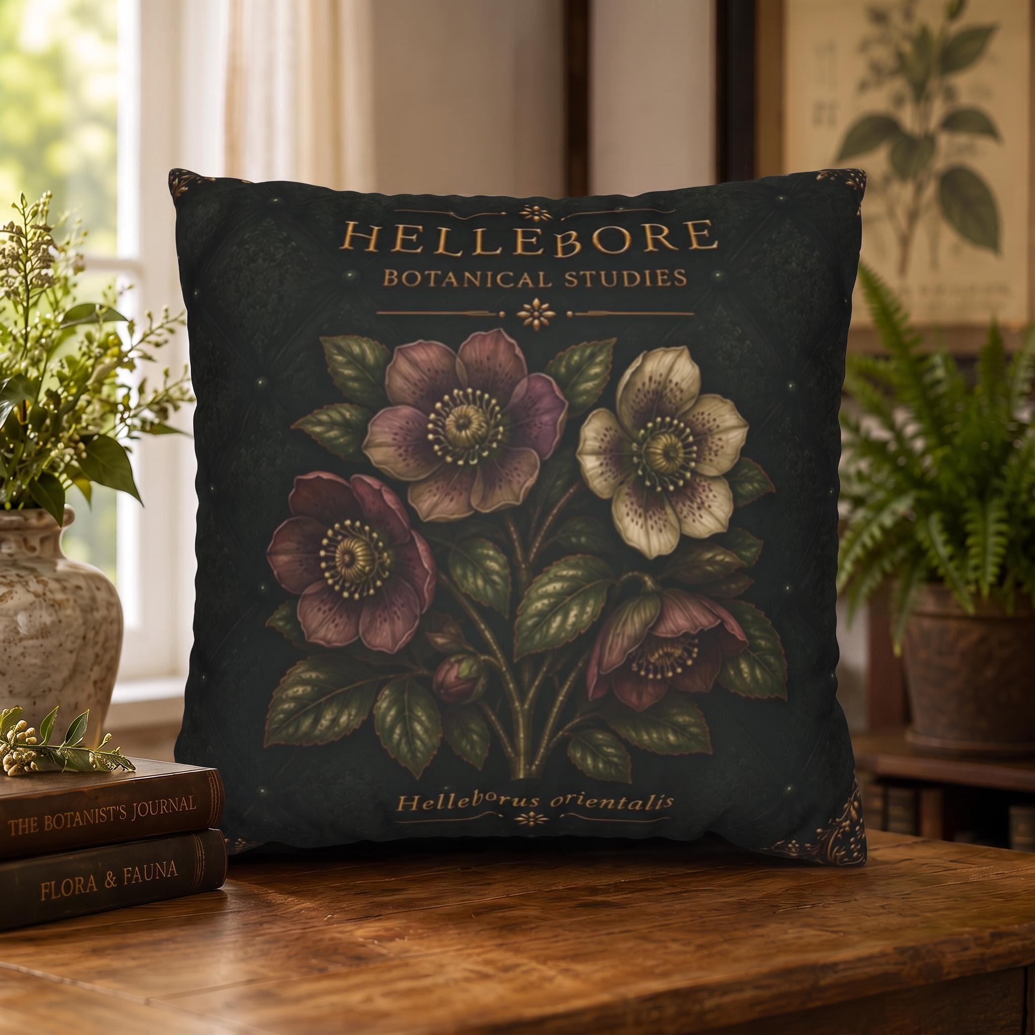 Hellebore Botanical Pillow, Vintage Floral Throw Pillow, Cottagecore Cushion, Garden Decor, Botanical Home Accent